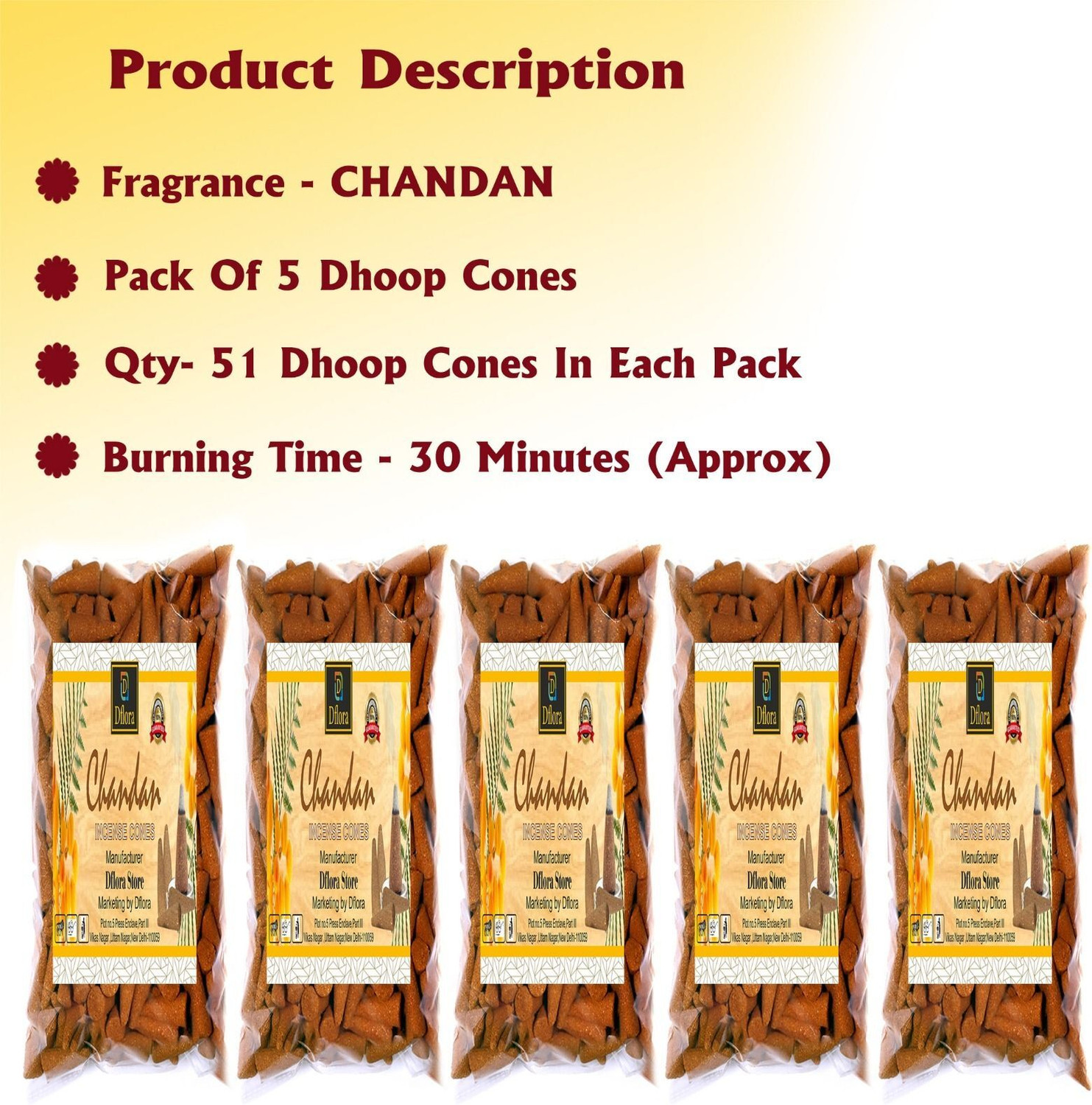 Image of DMOKSH Premium Incense Dhoop Cone Chandan fragrance Agarbatti for Puja item 500g(255pc) Sandal Dhoop (Pack of 5)
