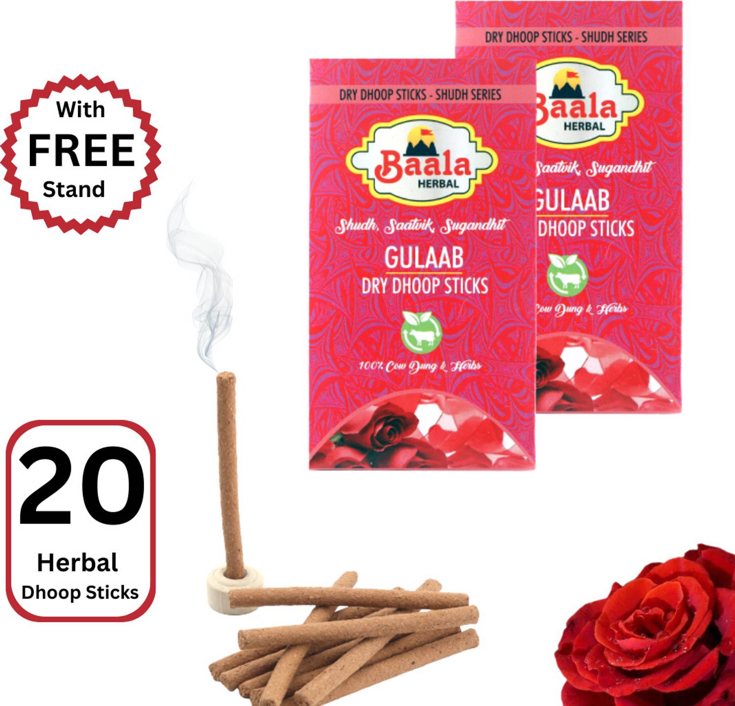Baala Herbal Dhoop Batti ROSE Dhoop for puja 20 Chemical Free Cowdung Dhoop Sticks Rose Dhoop