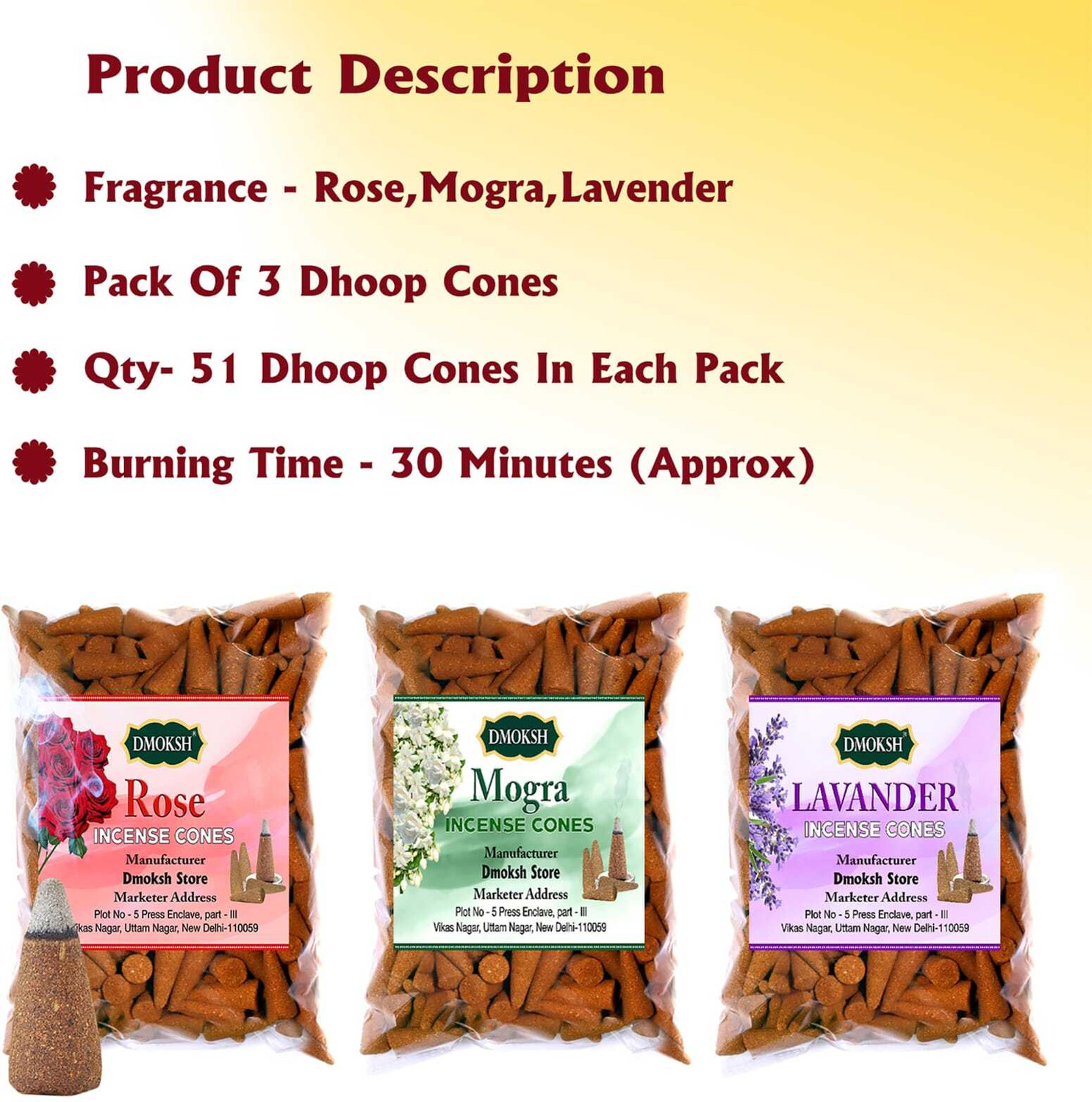 Image of DMOKSH Dry Dhoop Cones Rose Mogra Lavender Dhoop Cones Pooja Combo Pack 300gm Rose, Lavender Dhoop