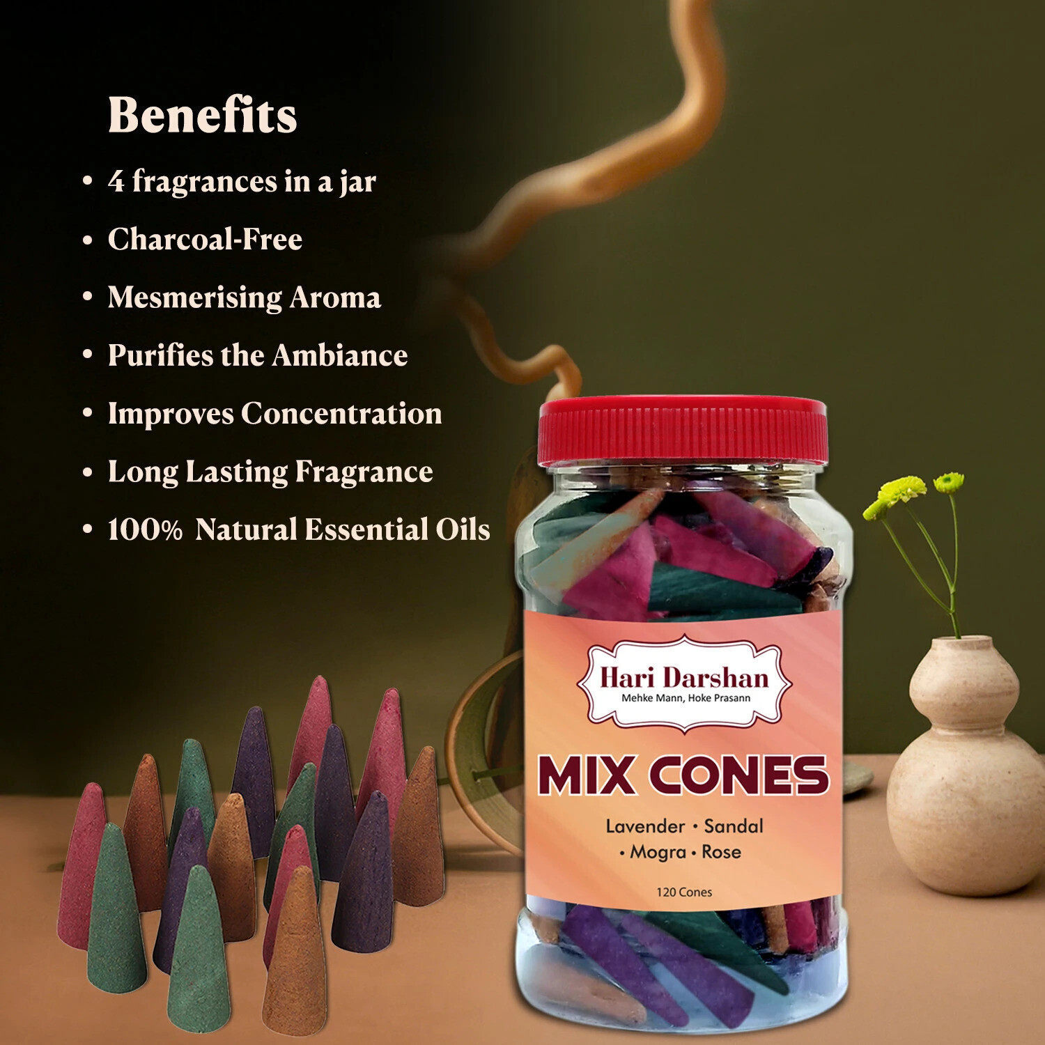 Image of Hari Darshan Mix Dry Dhoop Cones-Lavender Rose Sandal Mogra (Pack of 2,120 Cones Each) Woody Dhoop