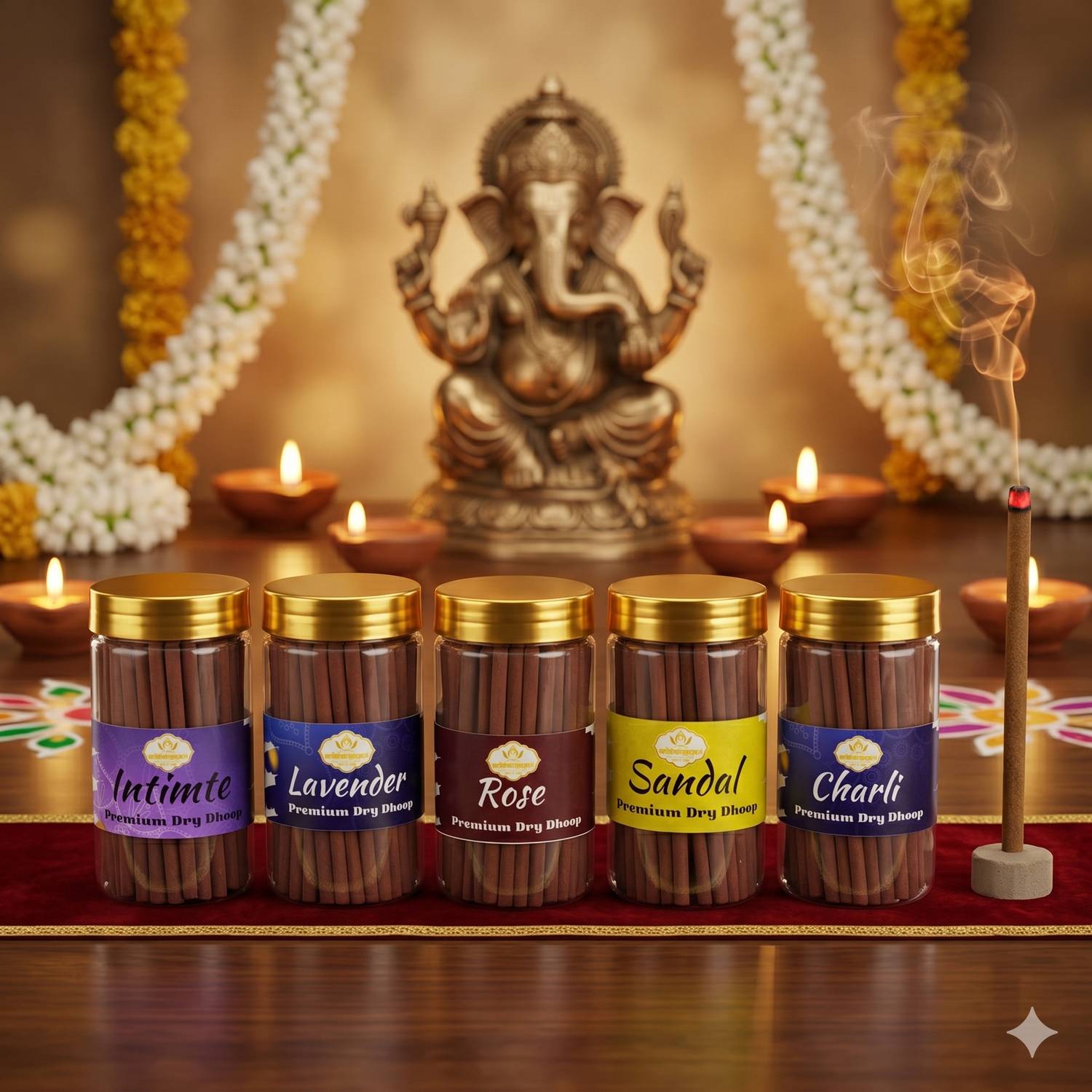 Aadishaktigayatri Pooja Dhoop Sticks Premium Jar (100Gx5) Intimate, Lavender, Sandal, Charli, Rose Jasmine, Frankincense, Sandal, Blossom, Orchid, Unscented, Woody, Vanilla Dhoop