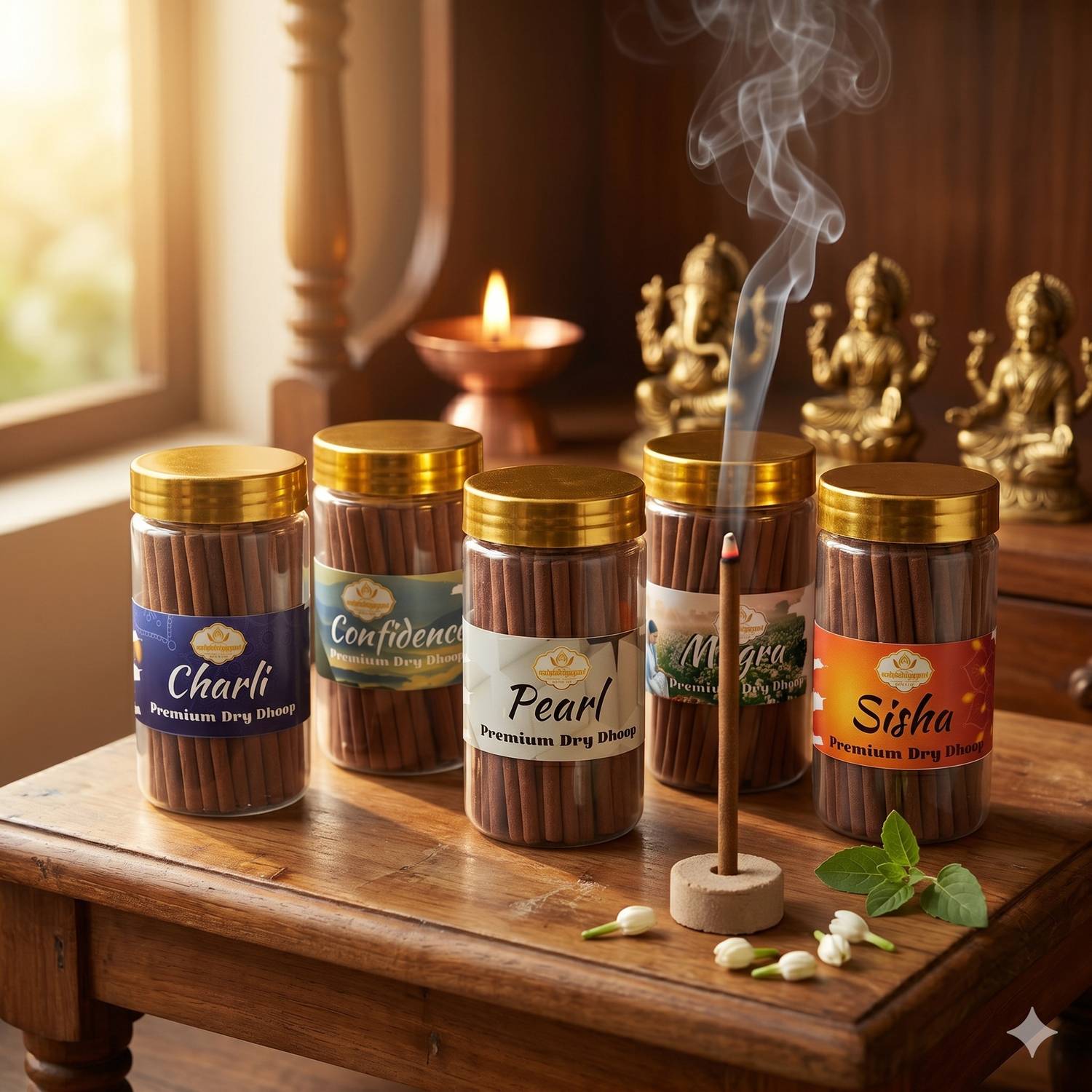 Aadishaktigayatri Pooja Dhoop Sticks Premium Jar (100G x5) Charli, Confidence, Pearl, Mogra, Sisha Jasmine, Frankincense, Sandal, Blossom, Orchid, Unscented, Woody, Vanilla Dhoop