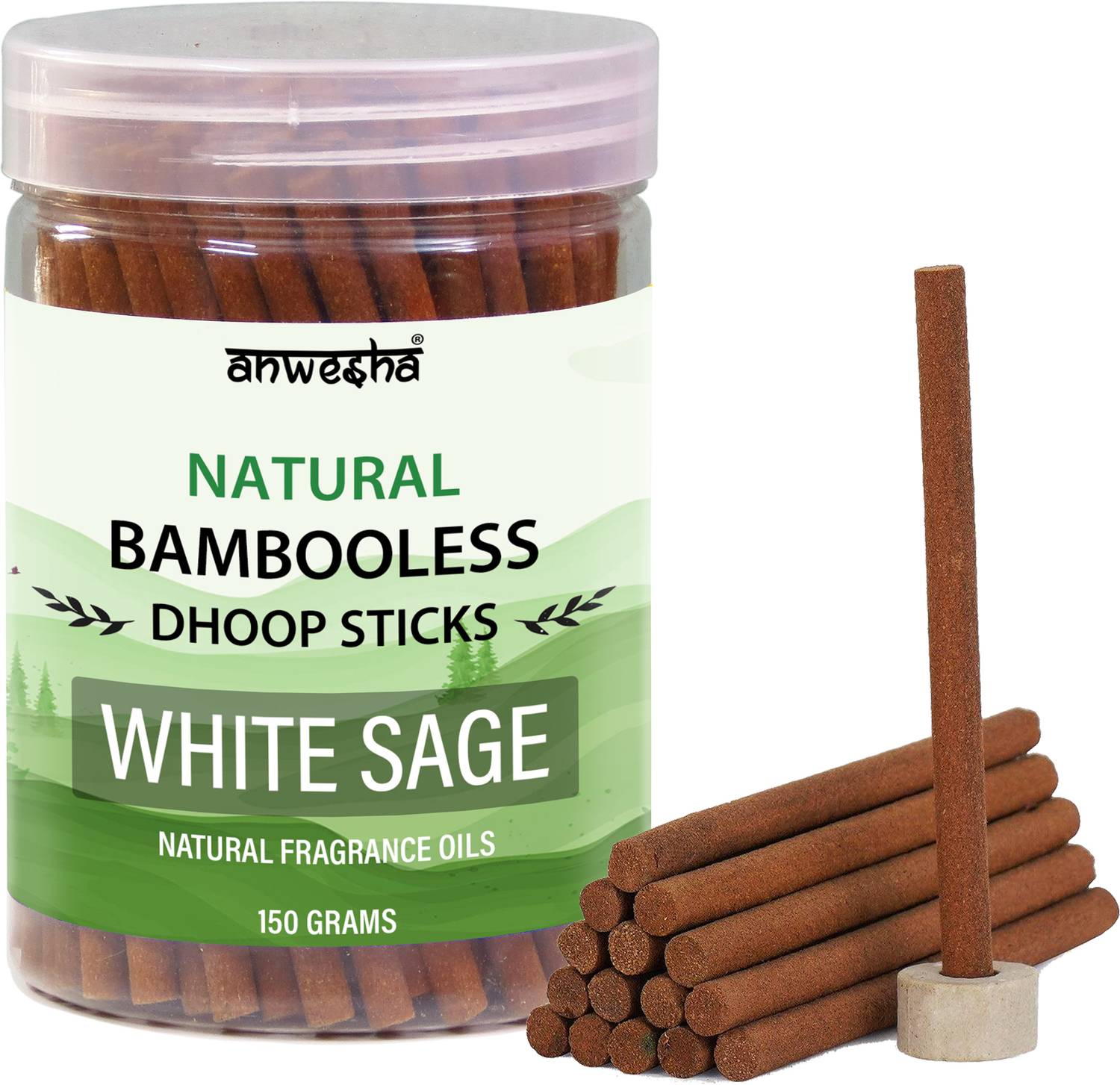 Anwesha White Sage Premium Bamboo less Dhoop Sticks Jar Scented Incense Sticks 150 Grams Woody Dhoop