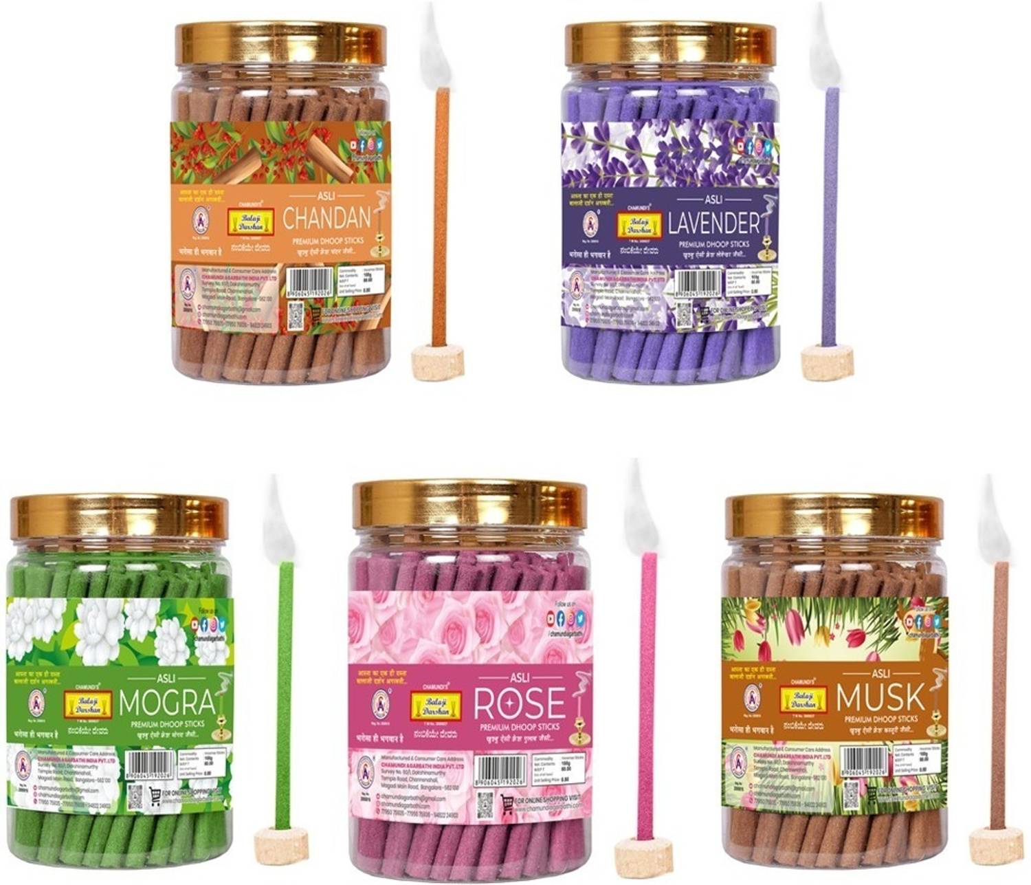 Balaji Darshan BALAJIDARSHAN_ASLIALLMIX_DHOOP_STICKS_SET_5 Rose, Musk, Sandal, Lavender, Jasmine Dhoop
