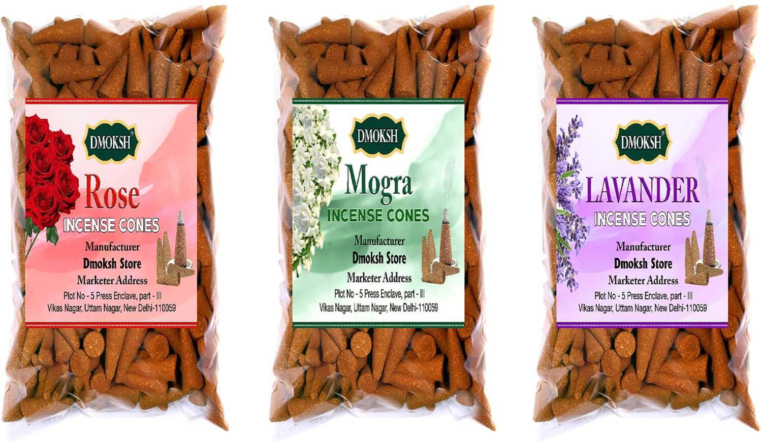 Image of DMOKSH Dry Dhoop Cones Rose Mogra Lavender Dhoop Cones Pooja Combo Pack 300gm Rose, Lavender Dhoop