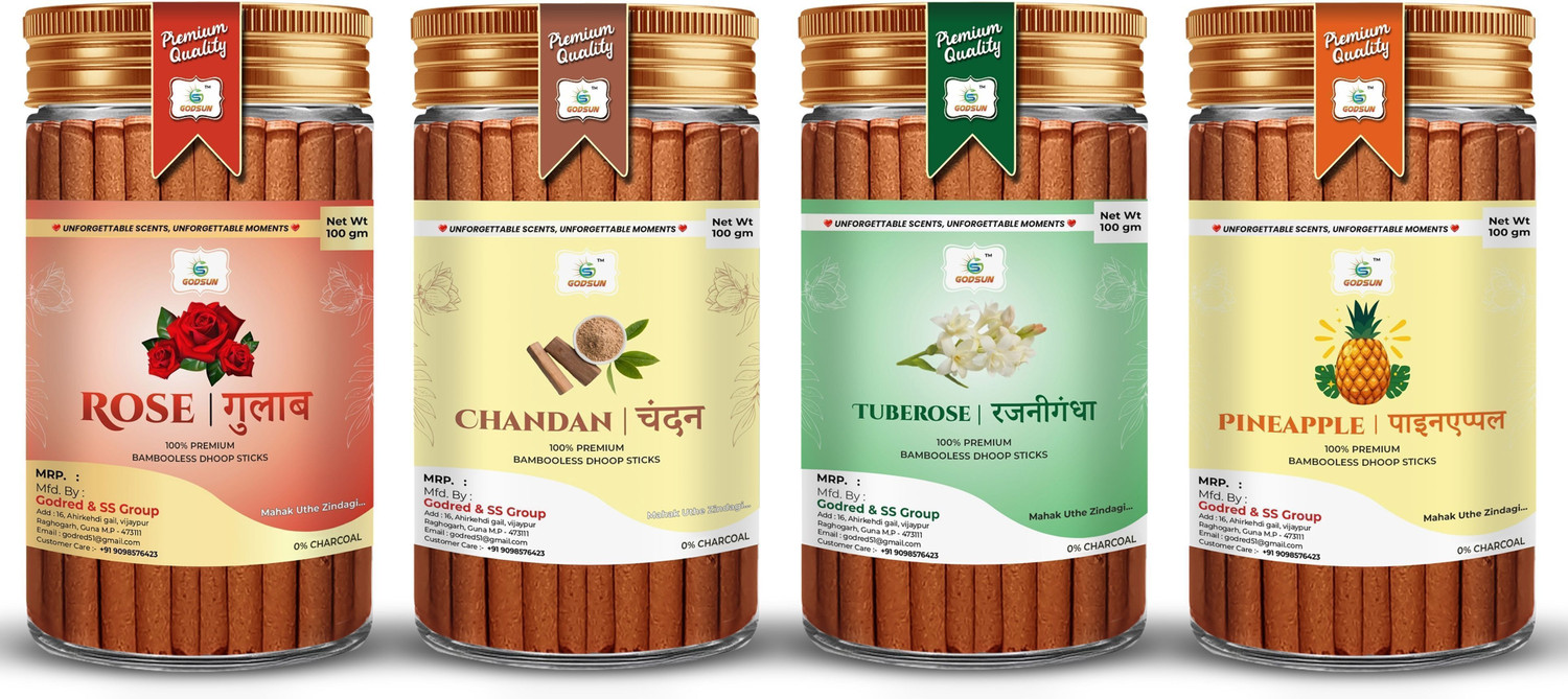 Image of GODSUN Premium Rose, Chandan, Rajnigandha, Pineapple Dry Dhoop Sticks Jar (4x100)400gm. Dhoop
