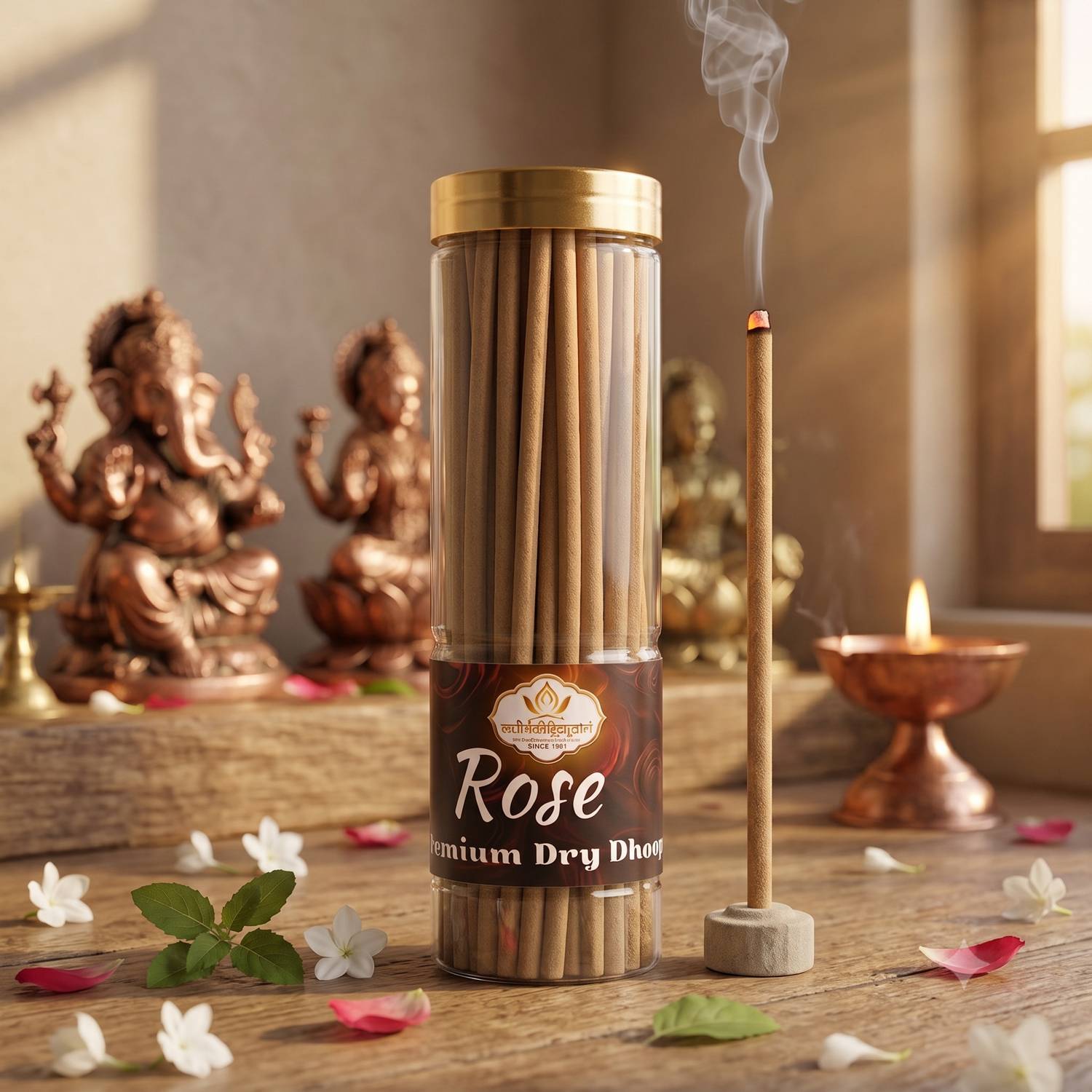 Aadishaktigayatri Rose Premium Bambooless Dhoop Agarbatti Stick (250 gm Jar) 8 Inch Long Pure Damask Rose, Fresh Green Petals, Mild Honey-like Sweetness (Organic resins)
