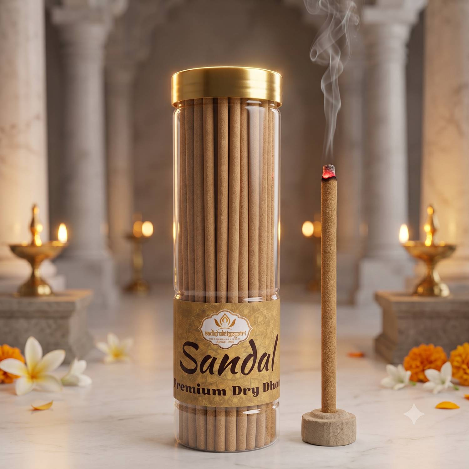 Aadishaktigayatri Chandan Premium Bambooless Dhoop Agarbatti Stick (250 gm Jar) 8 Inch Long Royal Sandalwood (Chandan), Mogra, Rose, Lavender, Javadhu, Sambrani, Guggal