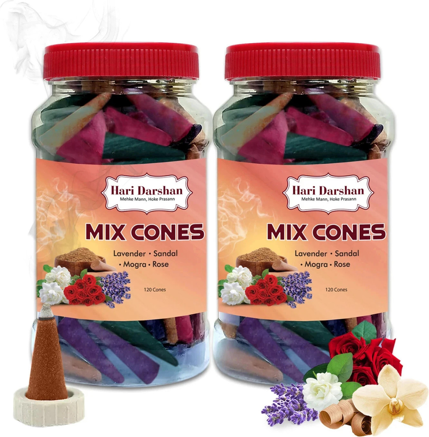 Image of Hari Darshan Mix Dry Dhoop Cones-Lavender Rose Sandal Mogra (Pack of 2,120 Cones Each) Woody Dhoop
