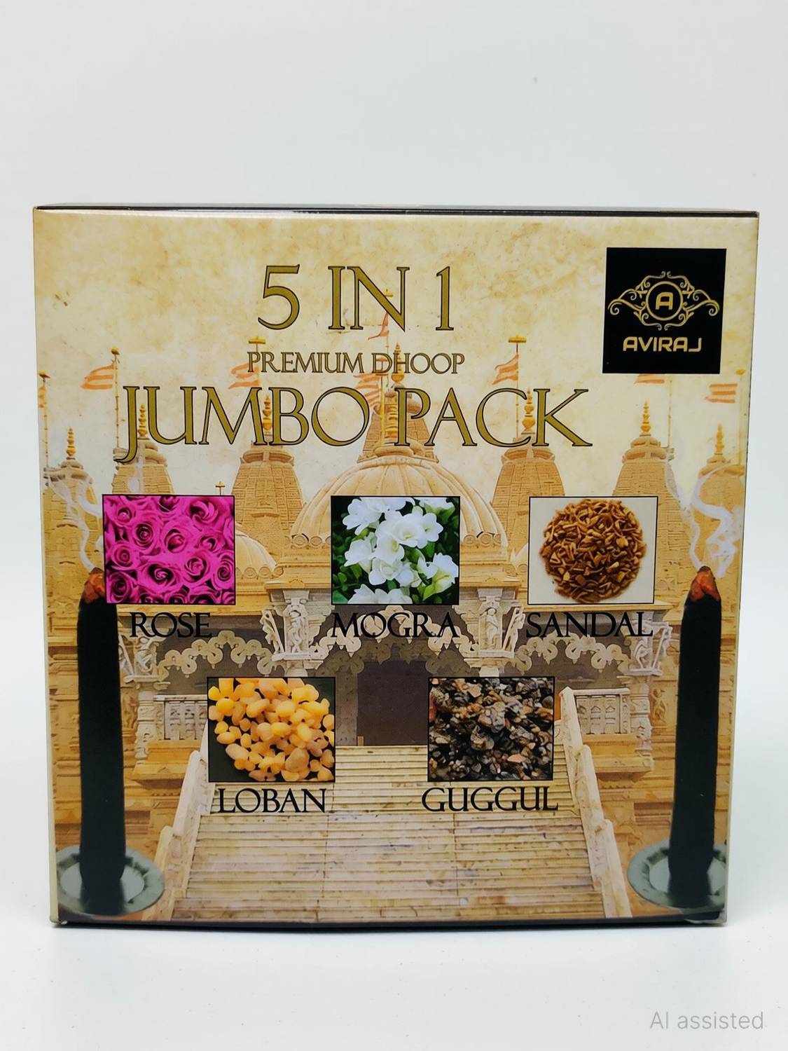 aviraj Dhoop Batti 5in1 Pack Pooja Dhup Incense For Pooja Chandan Loban Sandal, Guggul, Rose, NA Dhoop