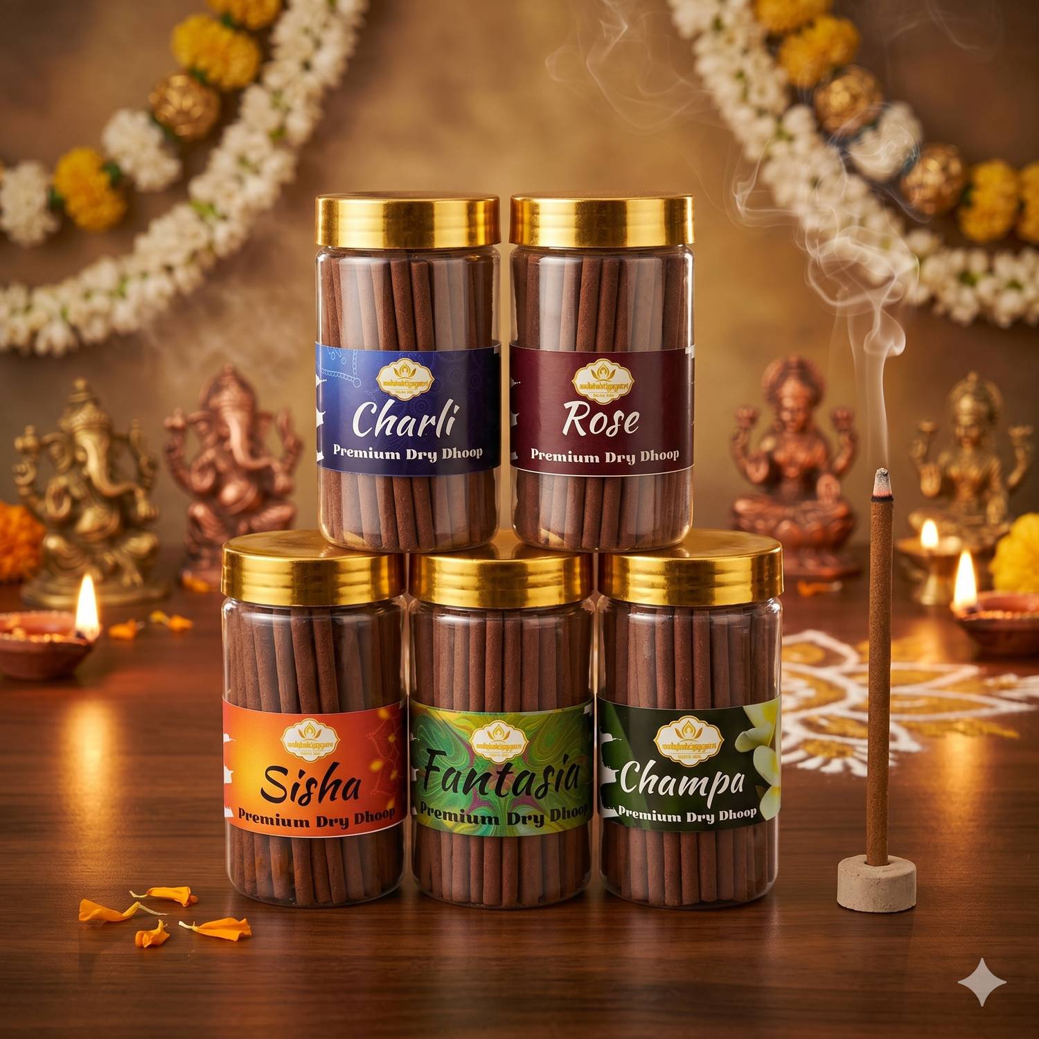 Aadishaktigayatri Pooja Dhoop Sticks Premium Jar (100Gm x5) Rose,Charli,Fantasia,Sisha,Champa Jasmine, Frankincense, Sandal, Blossom, Orchid, Unscented, Woody, Vanilla Dhoop