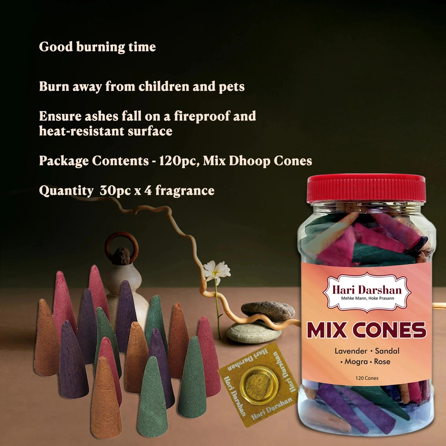 Image of Hari Darshan Mix Dry Dhoop Cones-Lavender Rose Sandal Mogra (Pack of 2,120 Cones Each) Woody Dhoop