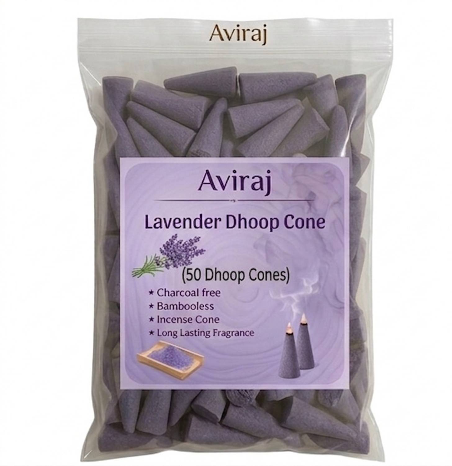 aviraj Lavender Dhup Cone for Puja |Charcoal-Free, Long-Lasting Fragrance - Pack of 50 Lavender Dhoop