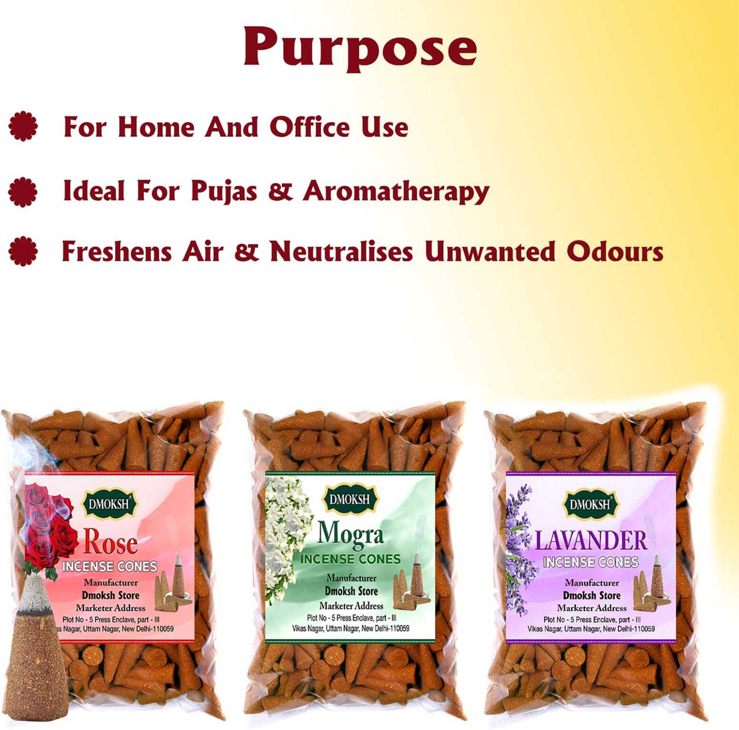 Image of DMOKSH Dry Dhoop Cones Rose Mogra Lavender Dhoop Cones Pooja Combo Pack 300gm Rose, Lavender Dhoop