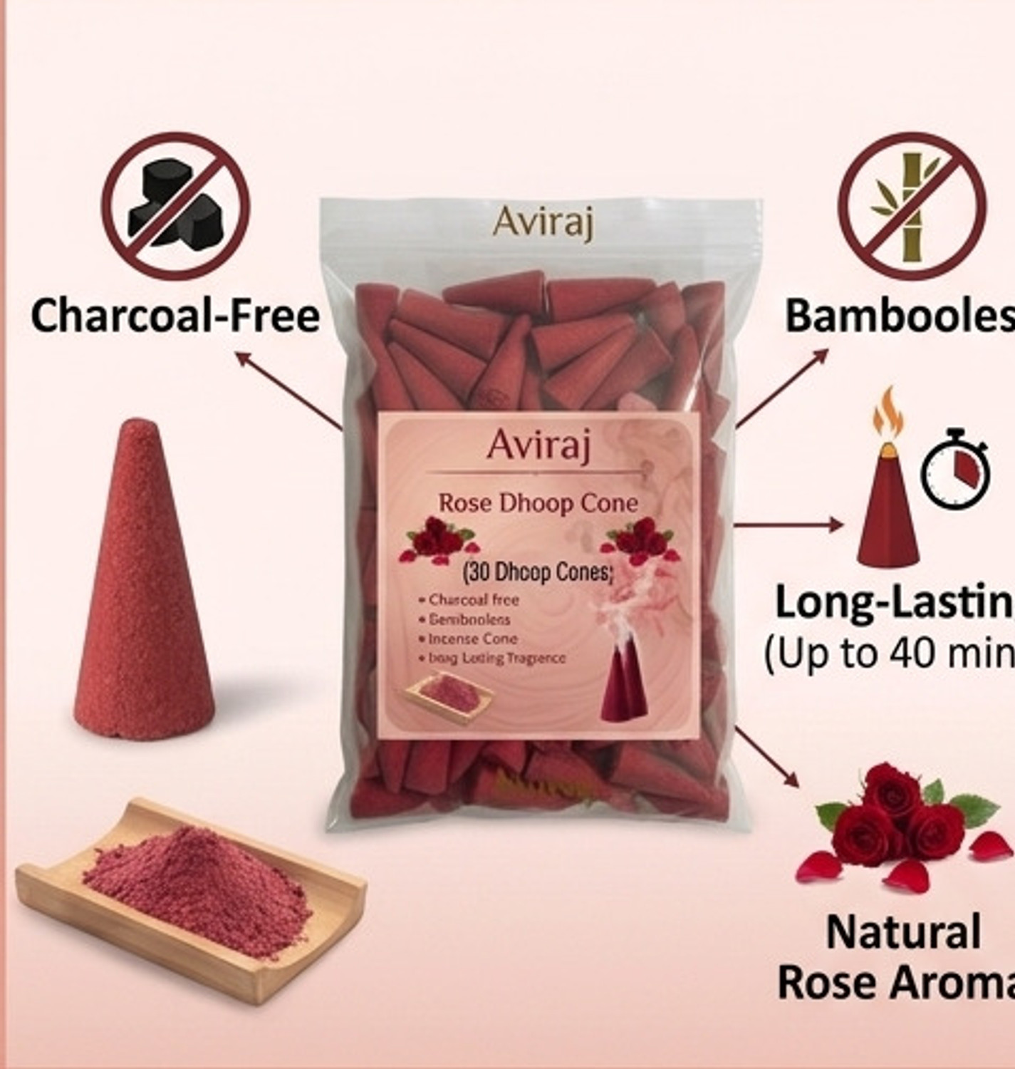 Image of aviraj Rose Scented Dhup Cone for Puja, Meditation & Home Fragrance Rose dhoop Rose Dhoop