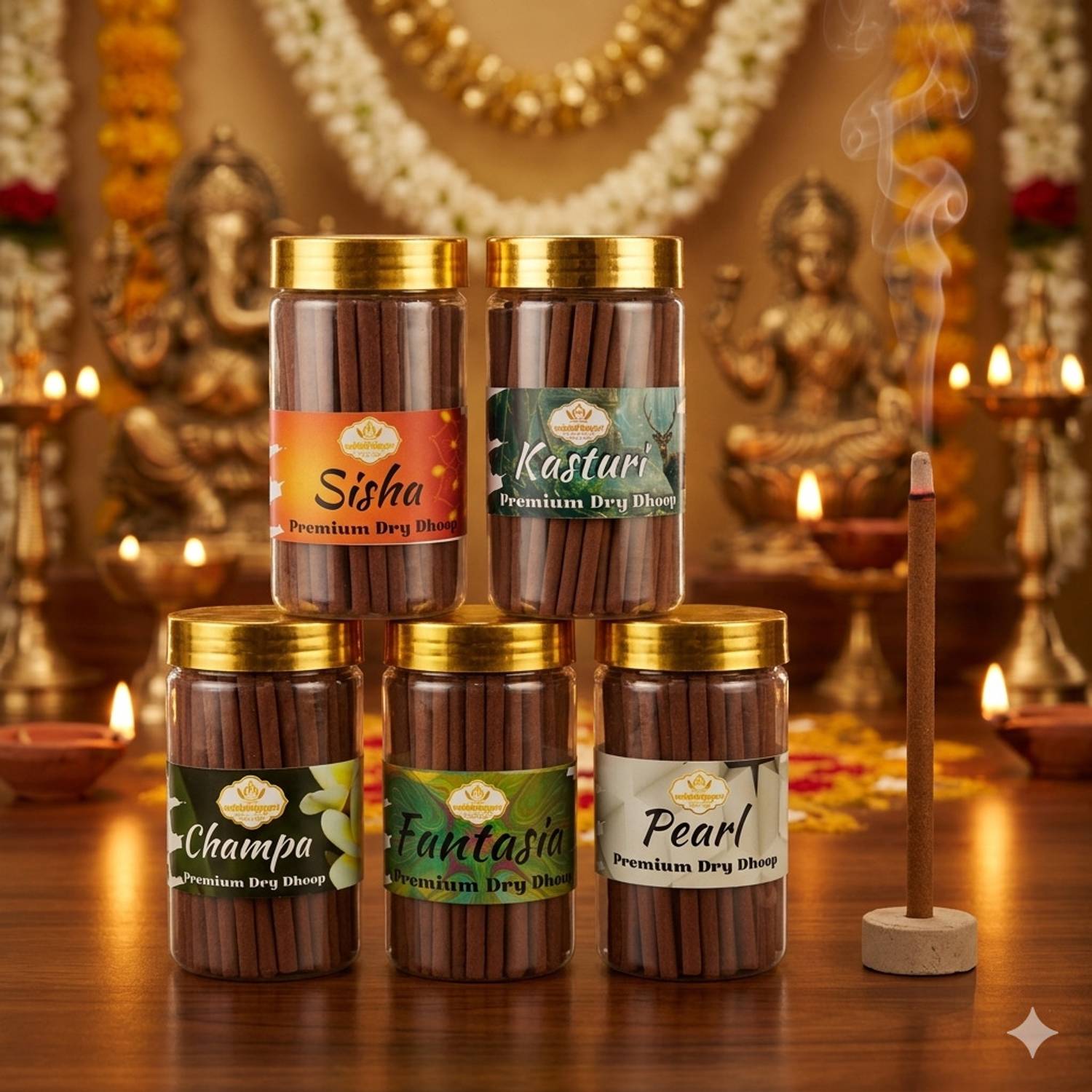 Aadishaktigayatri Pooja Dhoop Sticks Premium Jar(100Gm x5) Sisha, Kasturi, Champa, Fantasia, Pearl Jasmine, Frankincense, Sandal, Blossom, Orchid, Unscented, Woody, Vanilla Dhoop