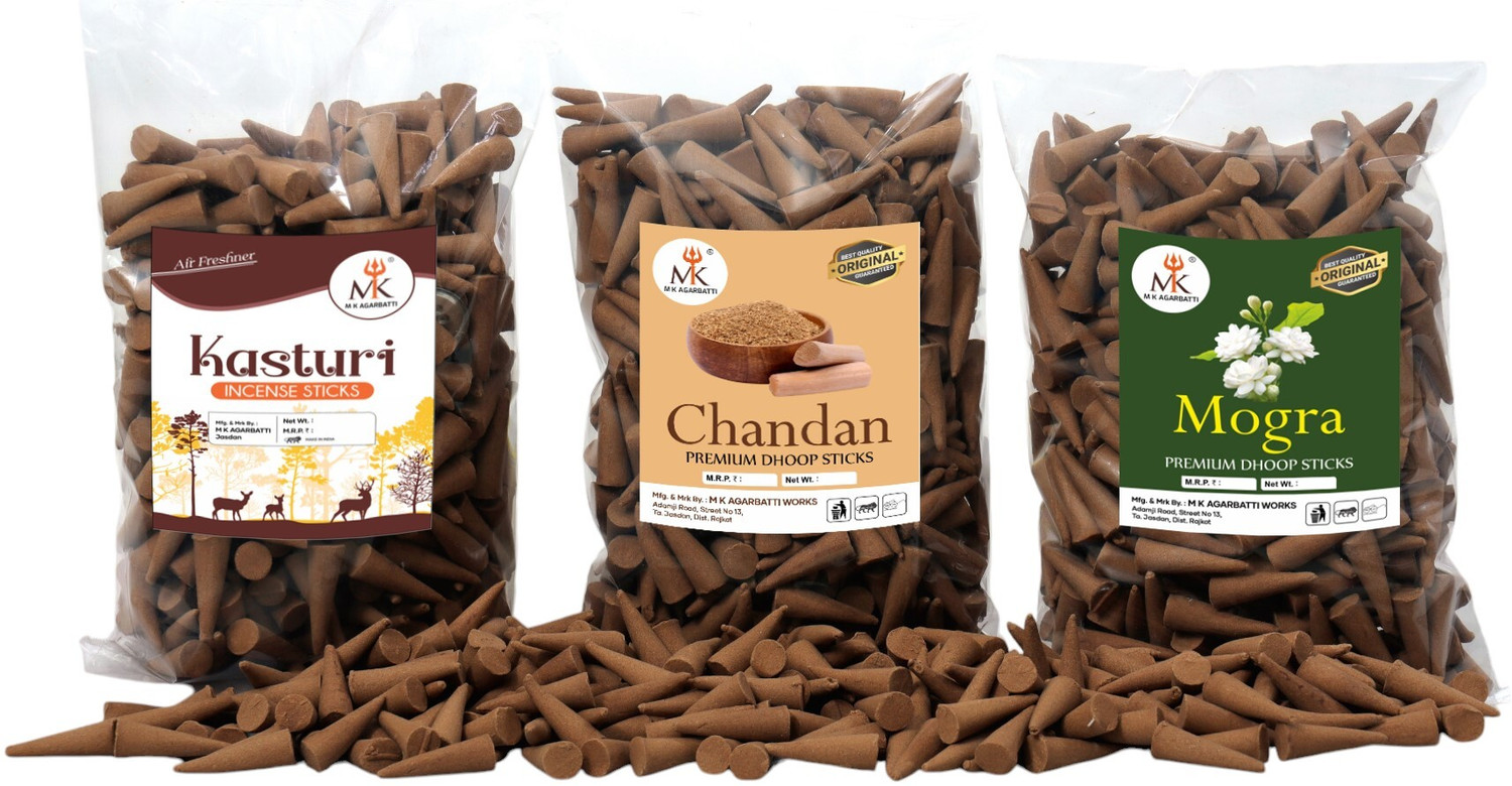 Image of MKagarbatti Dry Dhoop Cone kasturi chandan ,mogra fragrance for Pooja Combo Pack (300gm) Sandal Dhoop