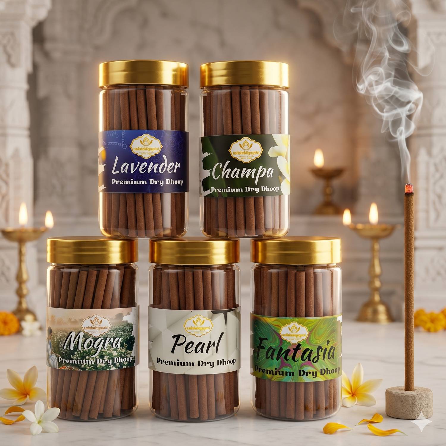 Aadishaktigayatri Pooja Dhoop Sticks Premium Jar (100Gm x5) Lavender,Champa,Pearl,Fantasia,Mogra Jasmine, Frankincense, Sandal, Blossom, Orchid, Unscented, Woody, Vanilla Dhoop
