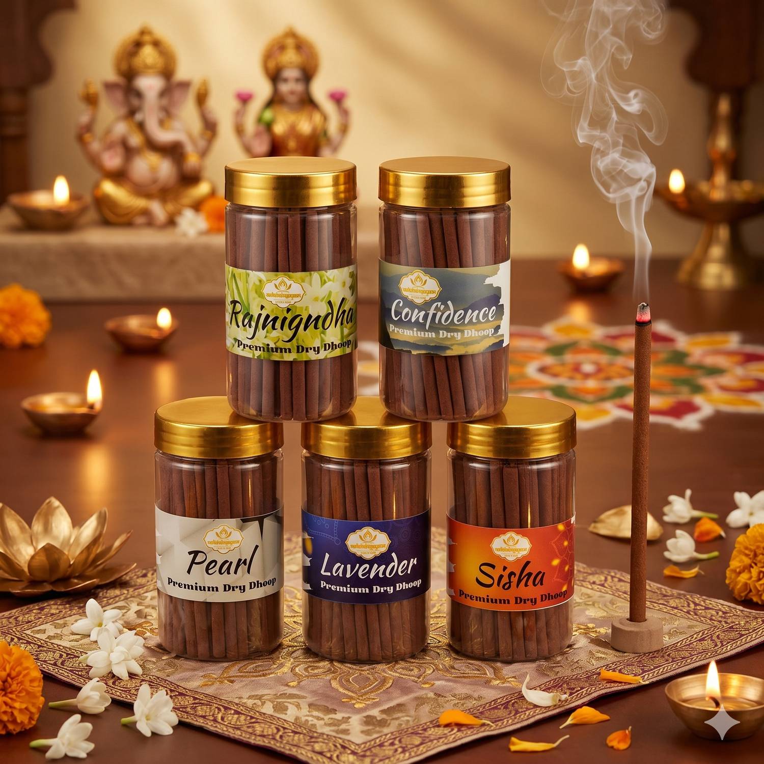 Aadishaktigayatri Pooja Dhoop Stick Premium Jar (100Gx5)Rajnigndha,Confidence,Pearl,Lavender,Sisha Jasmine, Frankincense, Sandal, Blossom, Orchid, Unscented, Woody, Vanilla Dhoop