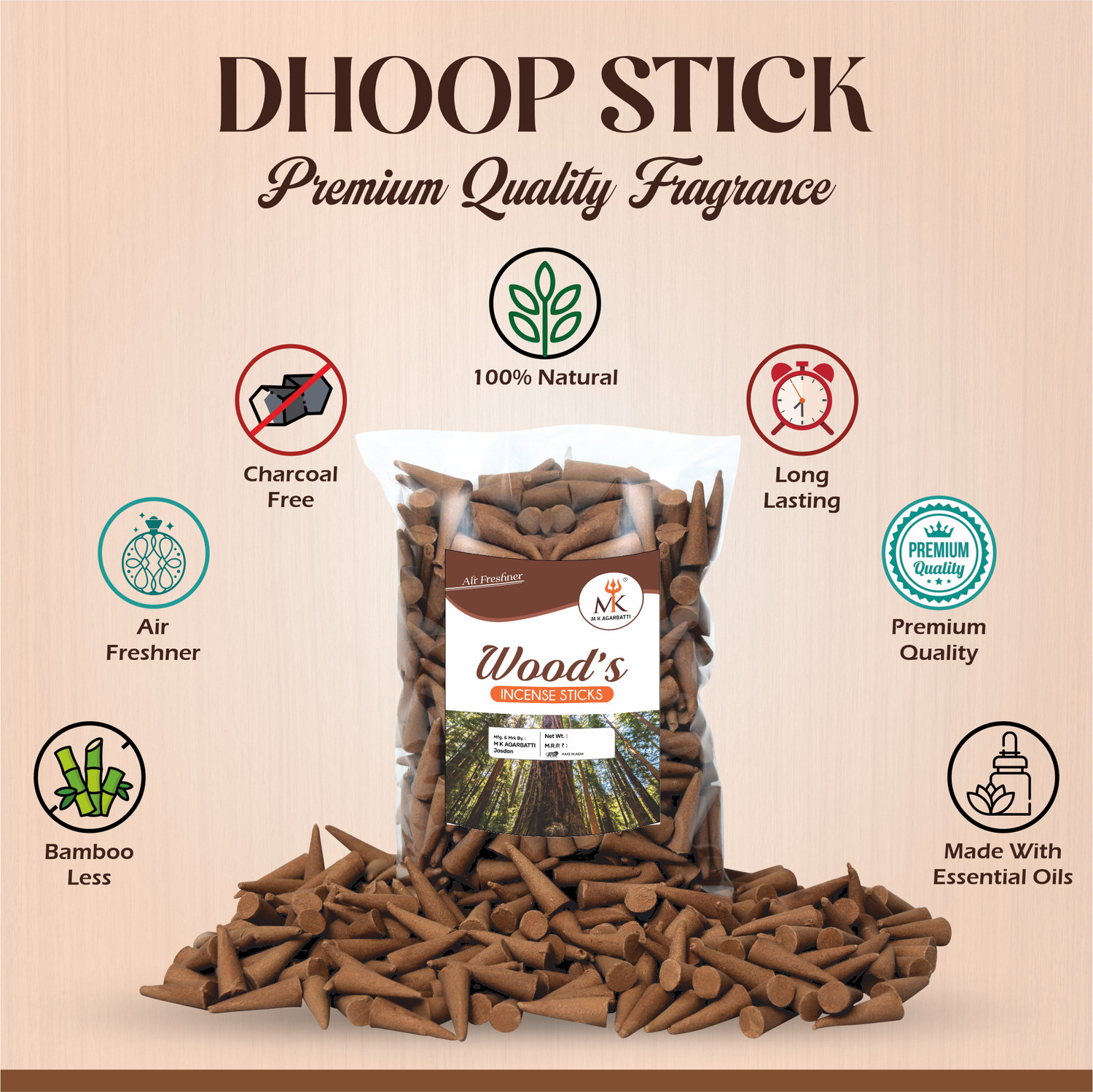 Image of MKagarbatti Trendy Rose woods Mogra 300Gm Dhoop Cones fragrance Incense sticks for Pujaitem Floral Dhoop
