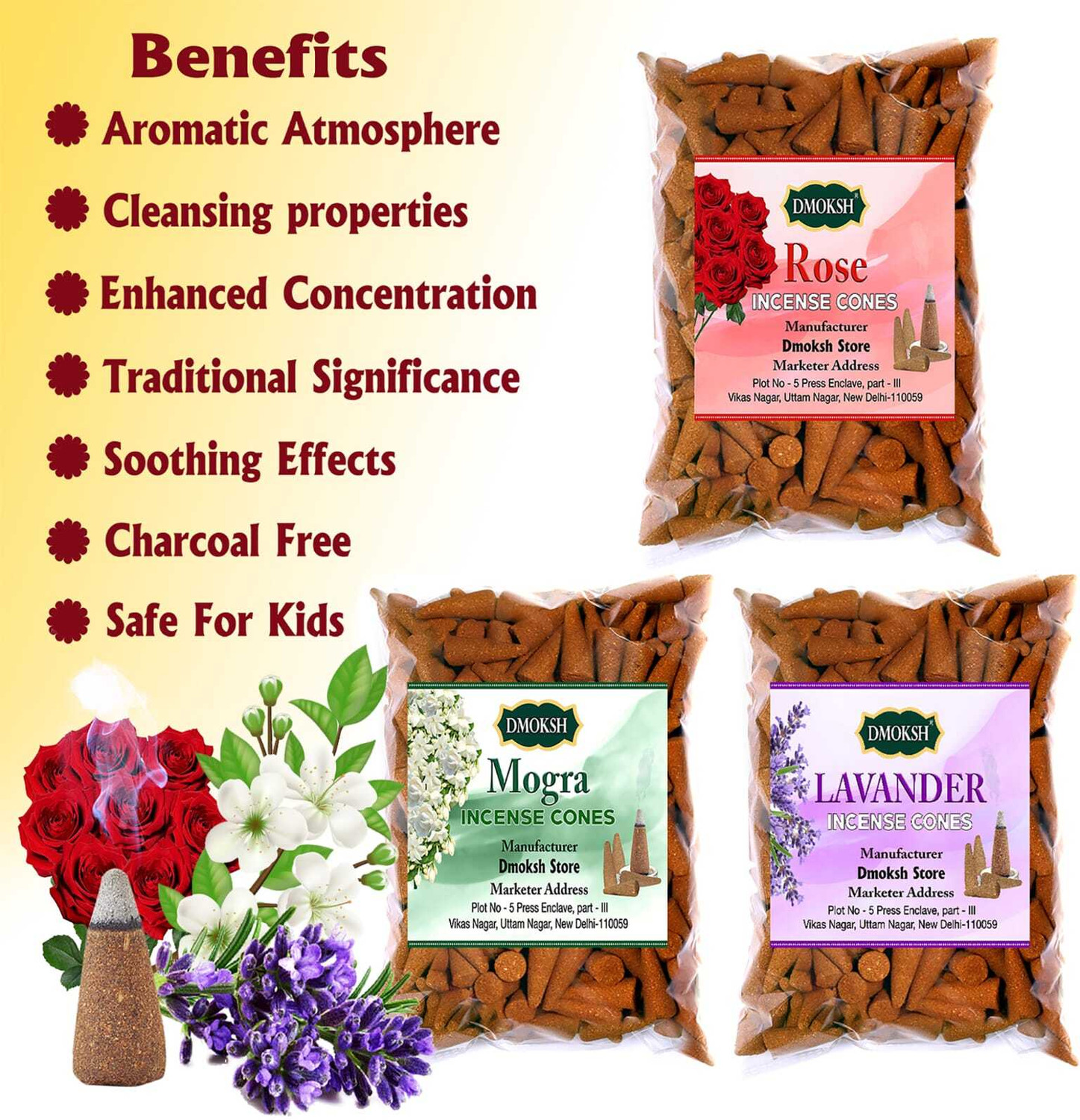 Image of DMOKSH Dry Dhoop Cones Rose Mogra Lavender Dhoop Cones Pooja Combo Pack 300gm Rose, Lavender Dhoop