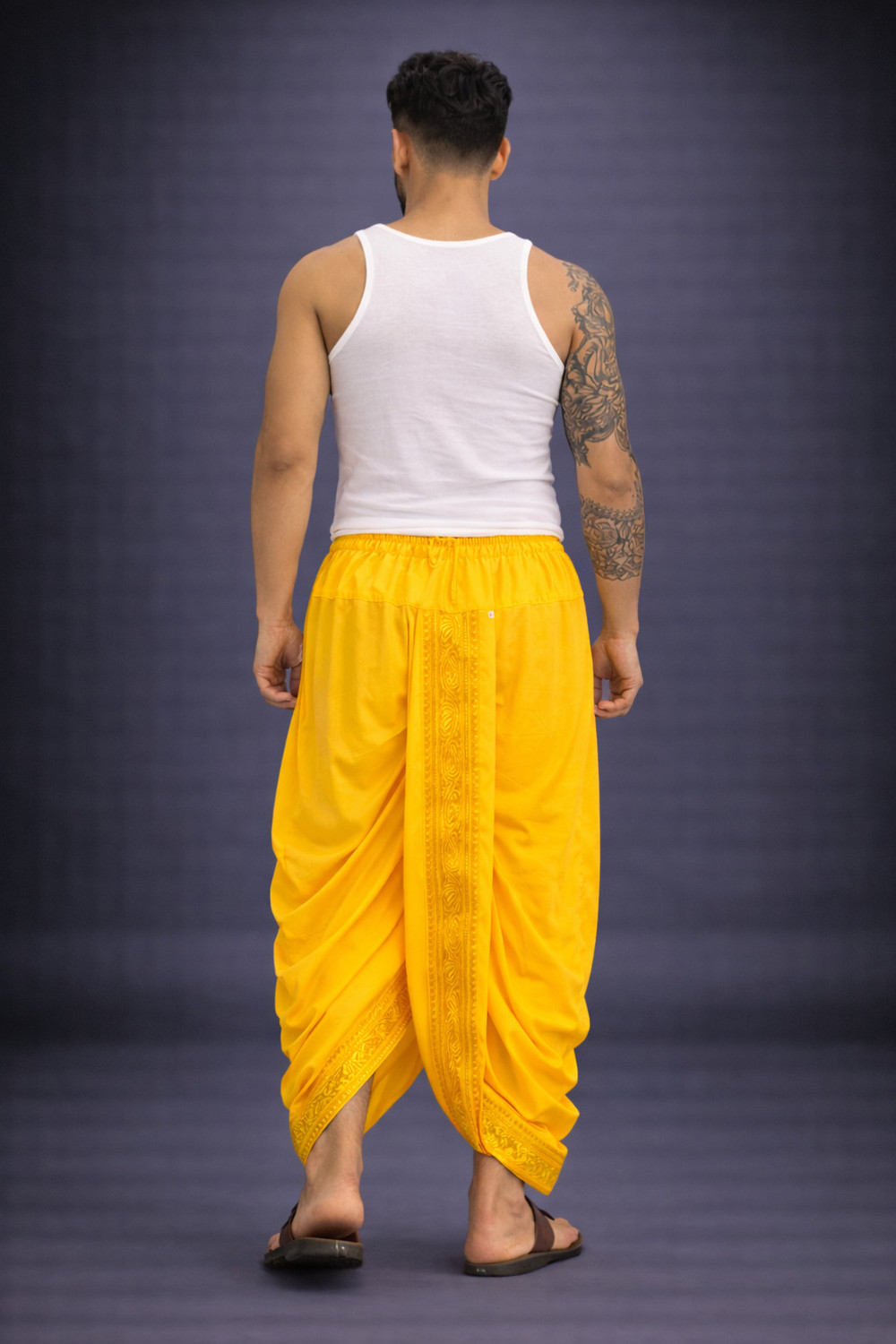 Image of AKESHAVAM Men's Art Silk Readymade Dhoti with Wide Golden Zari Border Lungi Ethnic Wear Self Design Men Dhoti