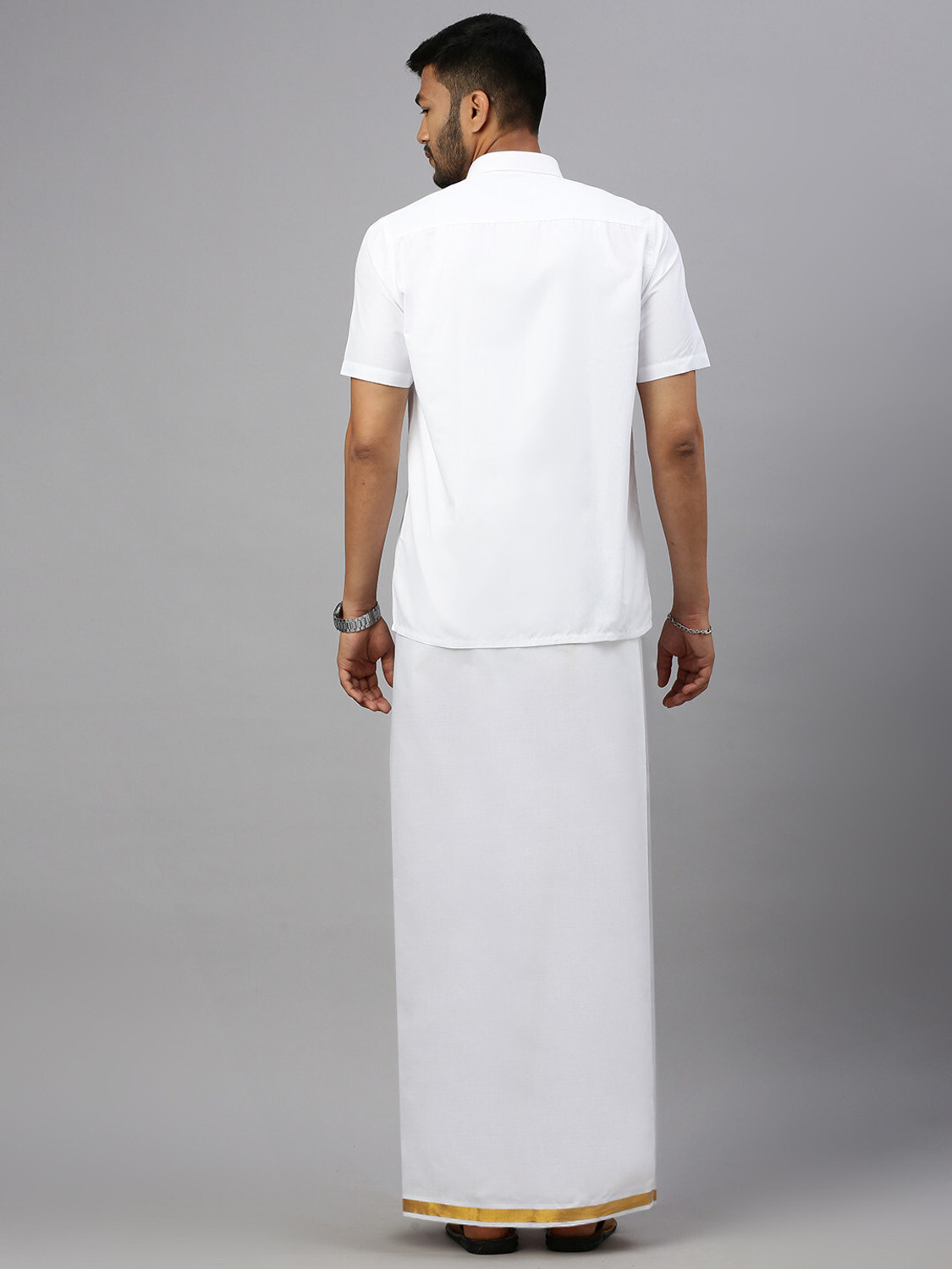 Image of Ramraj Cotton Single Layer White with 3 /4 Gold Jari Border Striped Men Dhoti