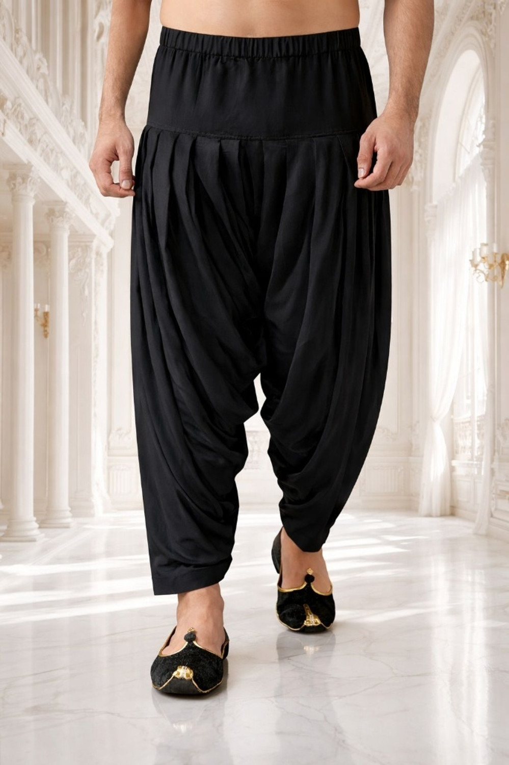 Image of HNSFASHION Men's Black Dhoti Style Harem Pants Elastic Waist Traditional Casual Wear Self Design Men Dhoti