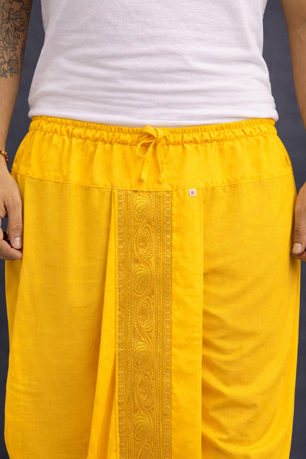 Image of AKESHAVAM Men's Art Silk Readymade Dhoti with Wide Golden Zari Border Lungi Ethnic Wear Self Design Men Dhoti