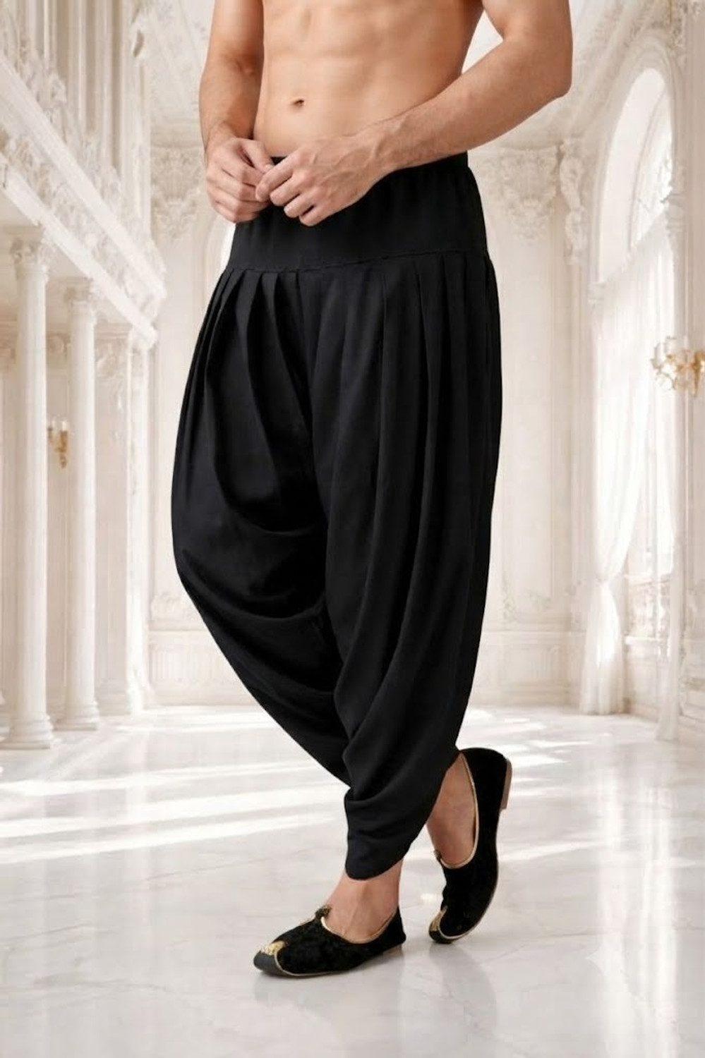 Image of HNSFASHION Men's Black Dhoti Style Harem Pants Elastic Waist Traditional Casual Wear Self Design Men Dhoti