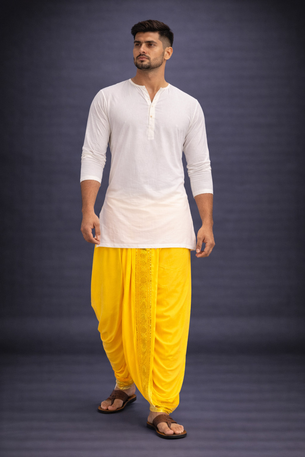 Image of AKESHAVAM Men's Art Silk Readymade Dhoti with Wide Golden Zari Border Lungi Ethnic Wear Self Design Men Dhoti