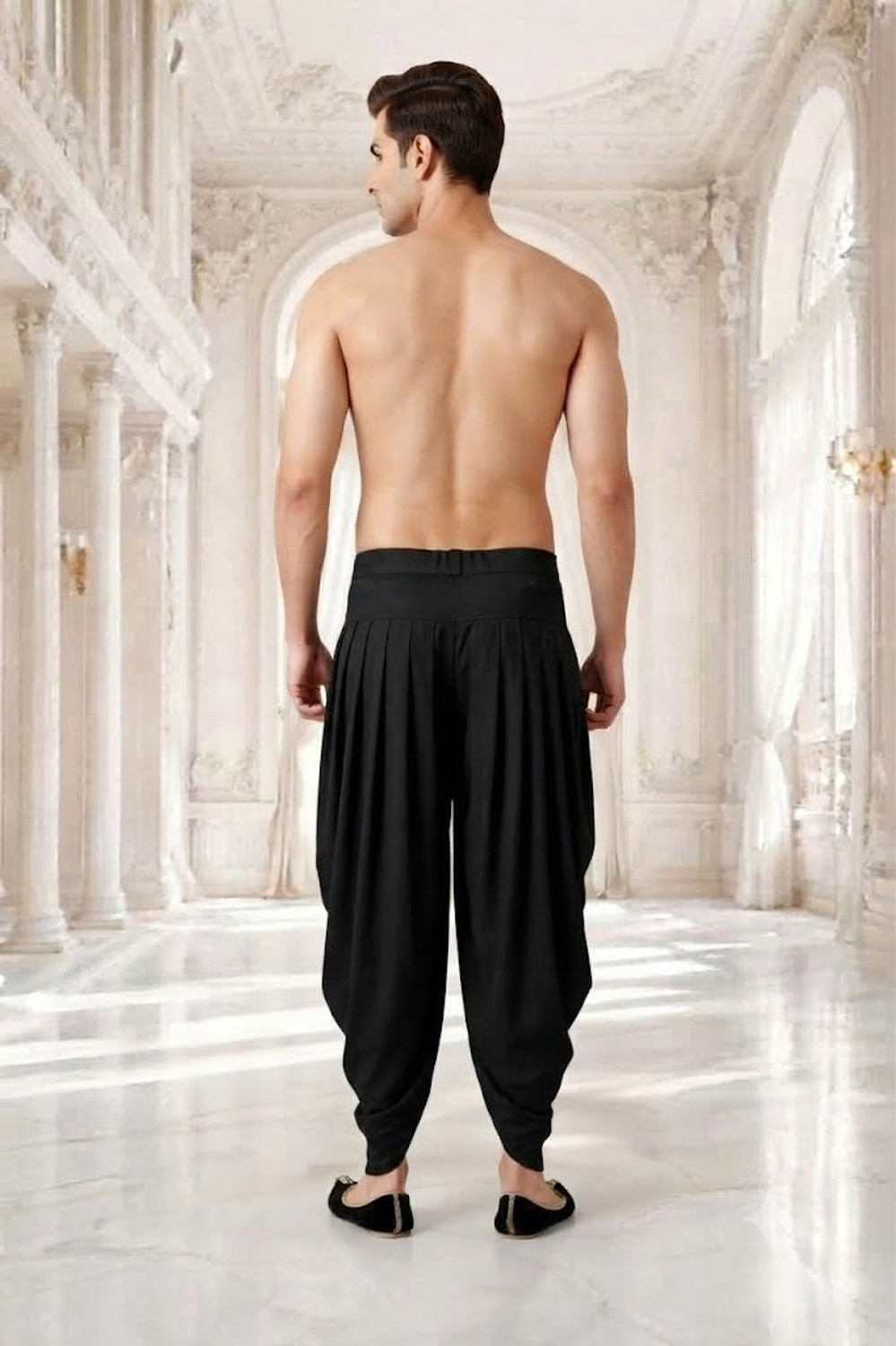 Image of HNSFASHION Men's Black Dhoti Style Harem Pants Elastic Waist Traditional Casual Wear Self Design Men Dhoti