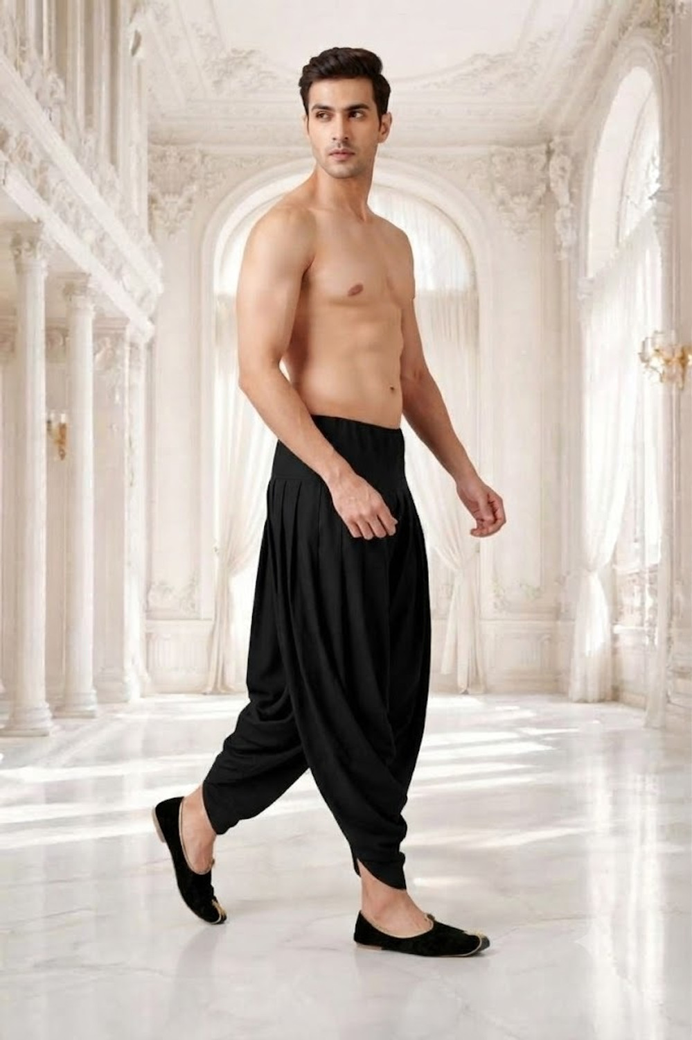 Image of HNSFASHION Men's Black Dhoti Style Harem Pants Elastic Waist Traditional Casual Wear Self Design Men Dhoti