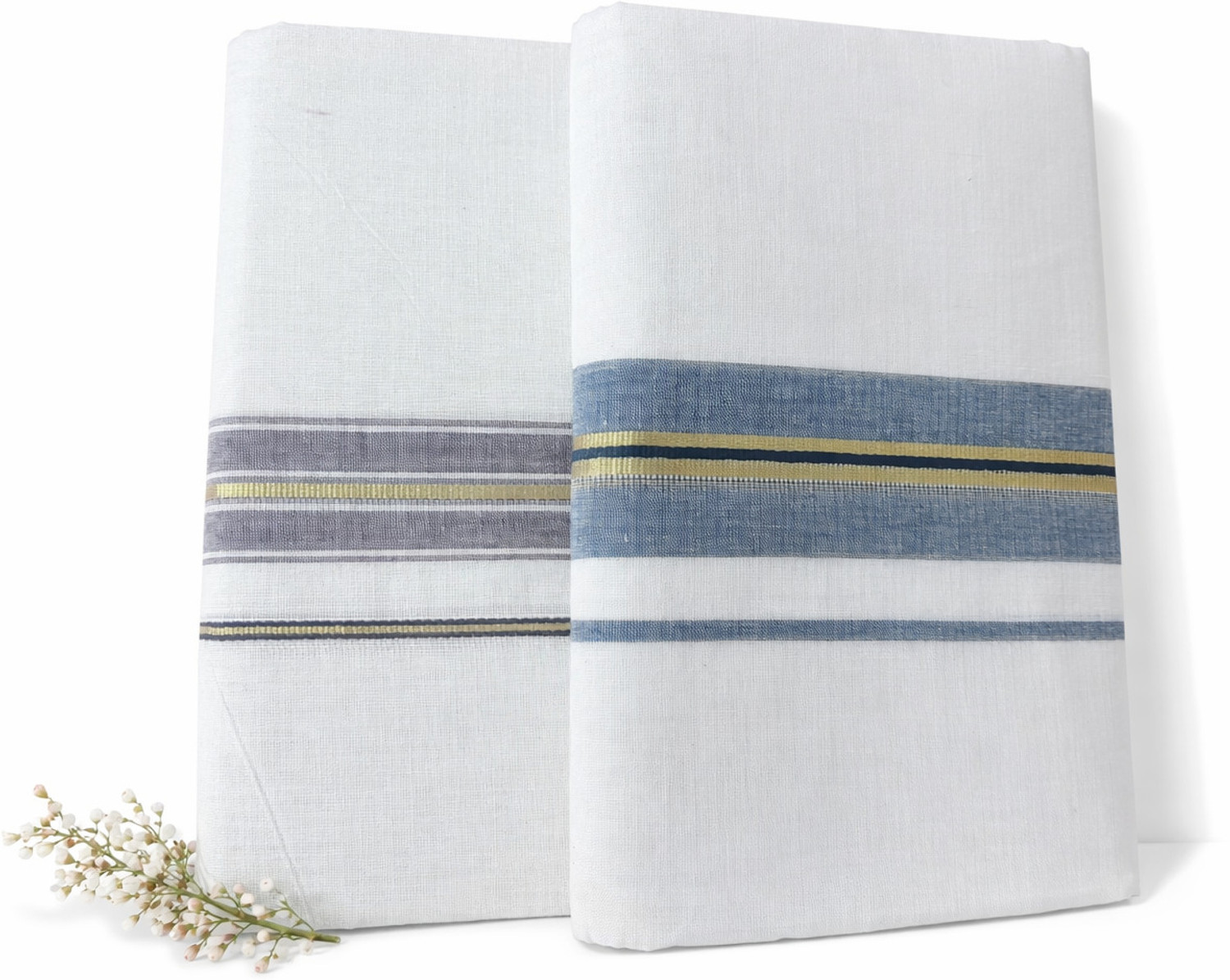 Image of Empire Cotton 2 Piece Combo Half White Brown and Dark Blue Striped Men Dhoti