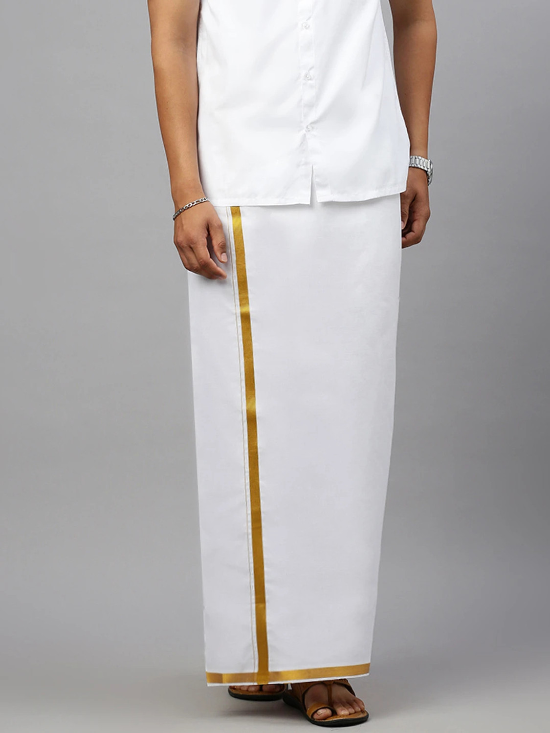 Image of Ramraj Cotton Single Layer White with 3 /4 Gold Jari Border Striped Men Dhoti