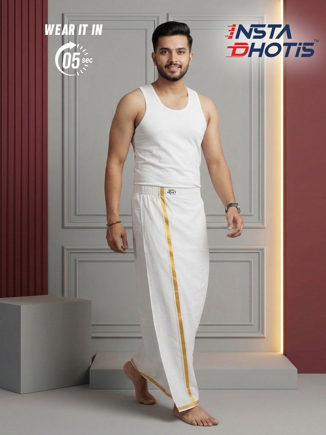 Image of Ramraj Cotton Genxt Insta Ready-to-Wear Dhoti without Inner Boxer in 5 Seconds Solid Men Dhoti