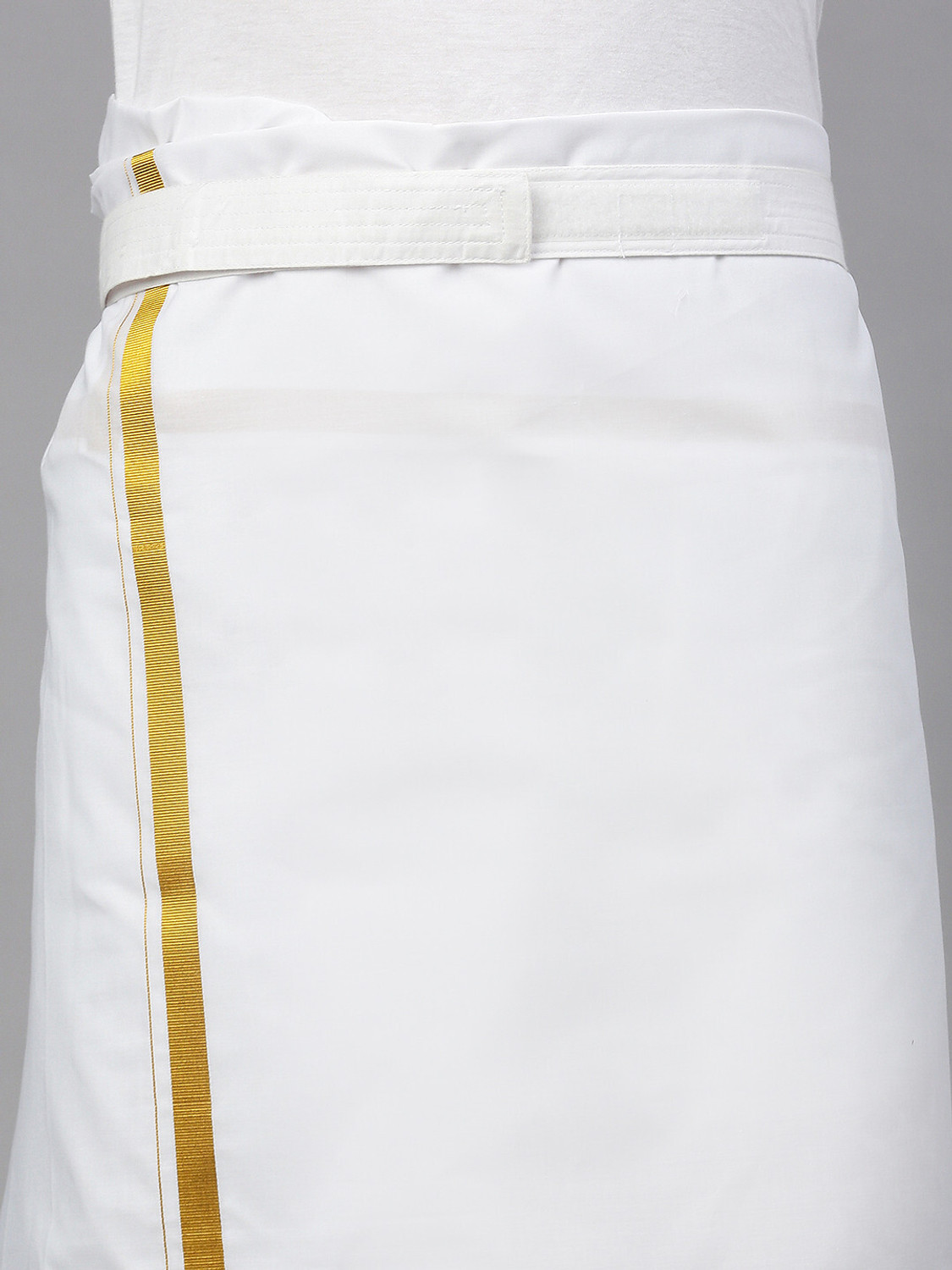 Image of Ramraj Cotton Single Layer White with 3 /4 Gold Jari Border Striped Men Dhoti