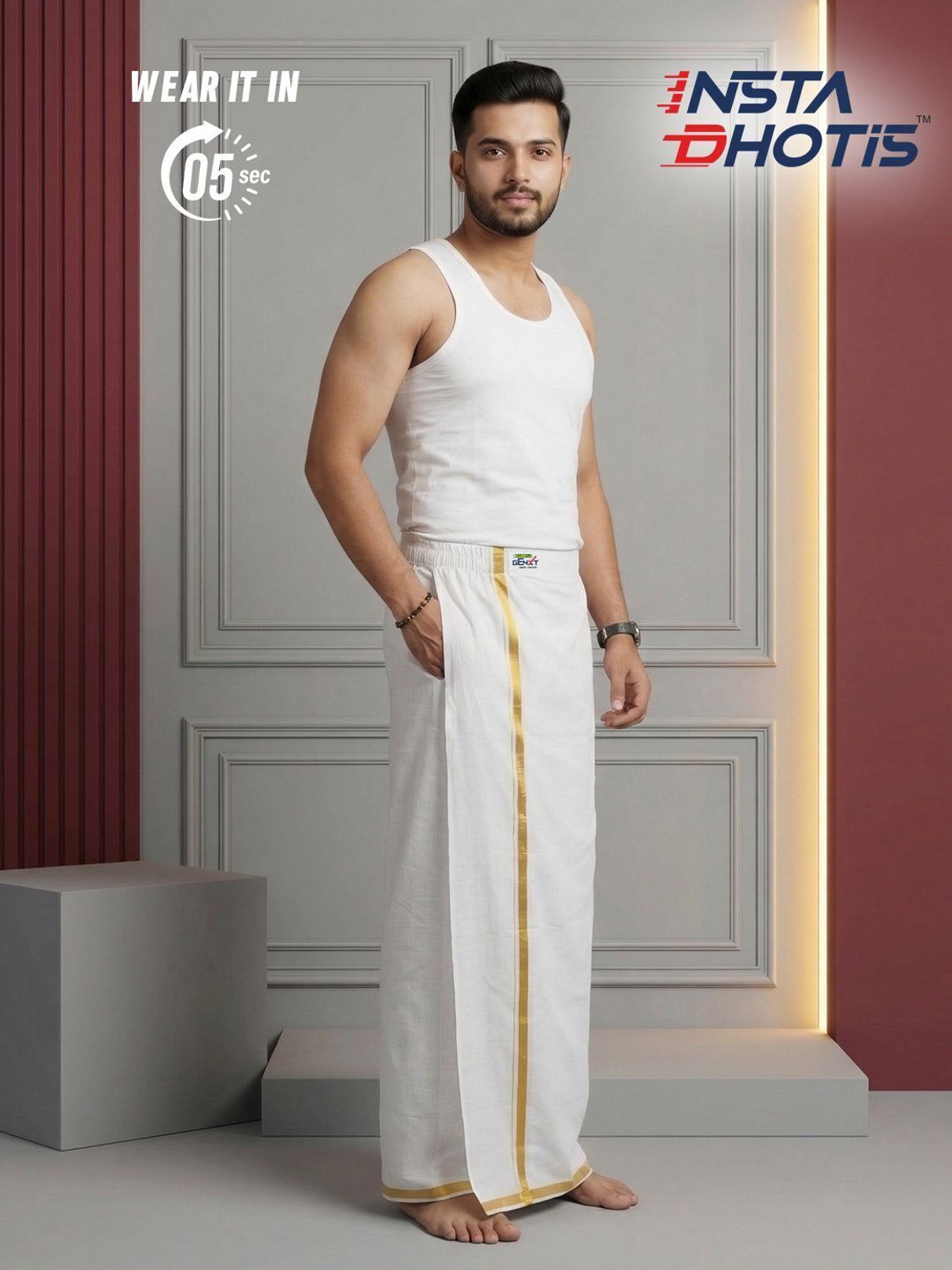 Image of Ramraj Cotton Genxt Insta Ready-to-Wear Dhoti without Inner Boxer in 5 Seconds Solid Men Dhoti