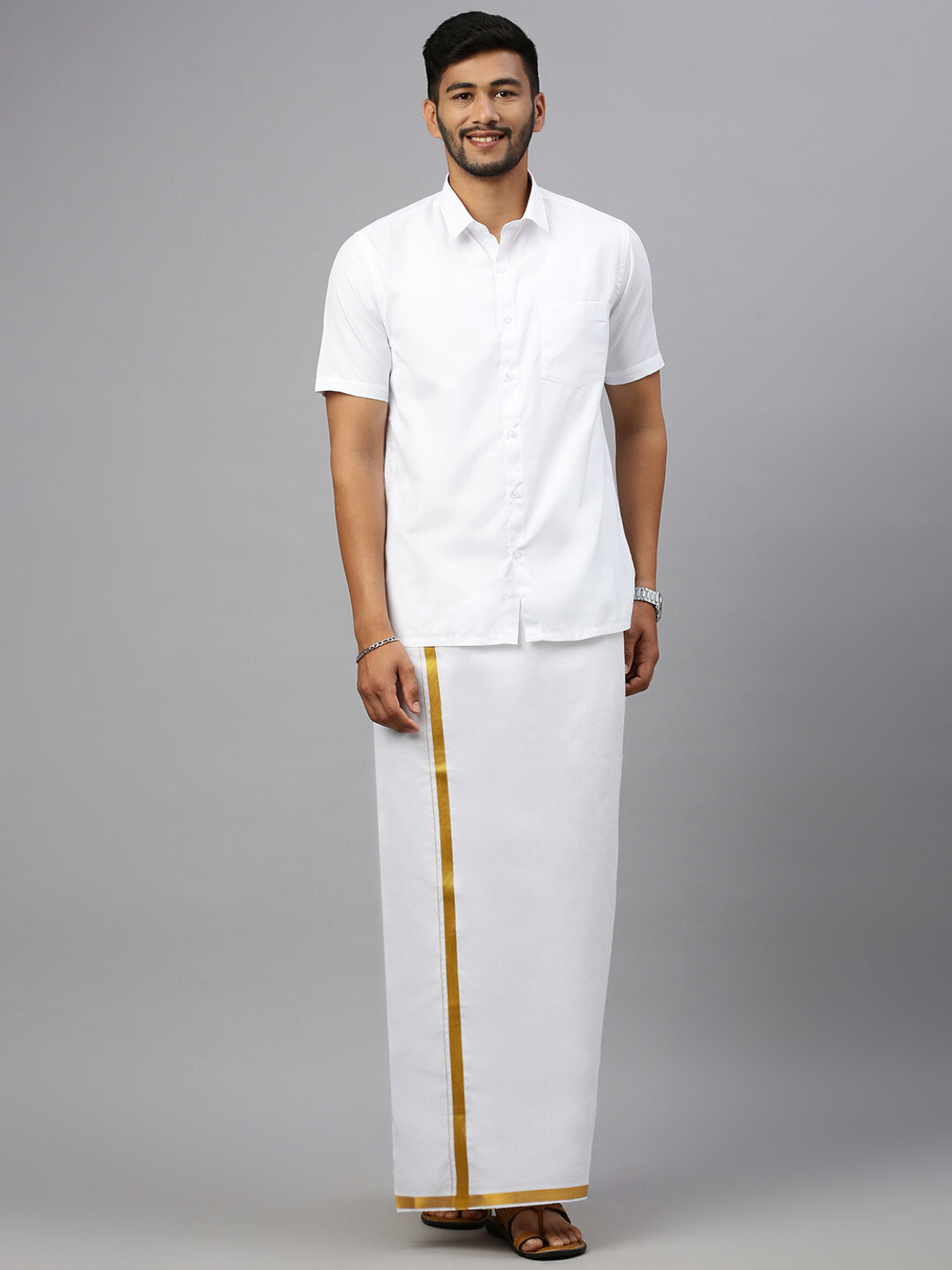 Image of Ramraj Cotton Single Layer White with 3 /4 Gold Jari Border Striped Men Dhoti