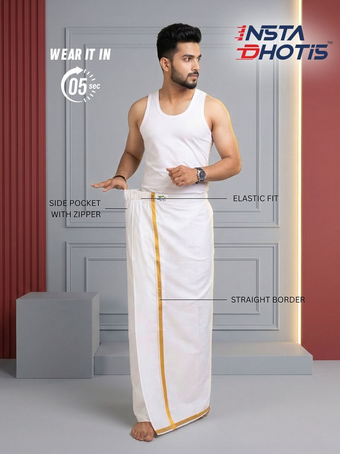 Image of Ramraj Cotton Genxt Insta Ready-to-Wear Dhoti without Inner Boxer in 5 Seconds Solid Men Dhoti