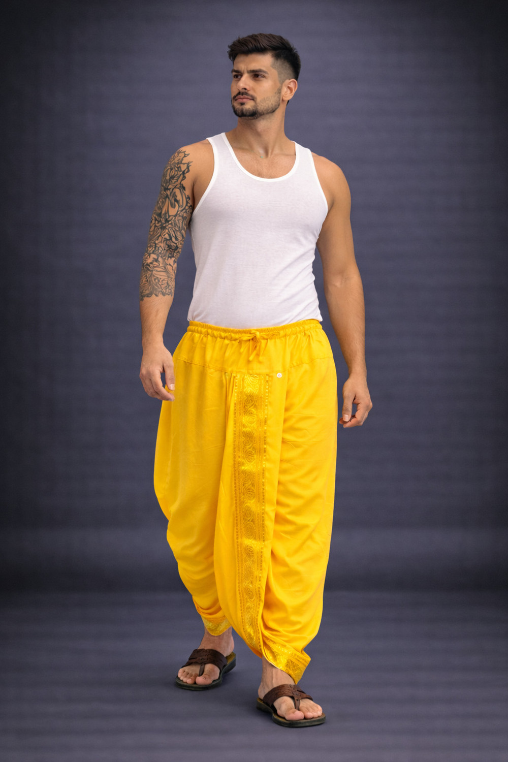 Image of AKESHAVAM Men's Art Silk Readymade Dhoti with Wide Golden Zari Border Lungi Ethnic Wear Self Design Men Dhoti