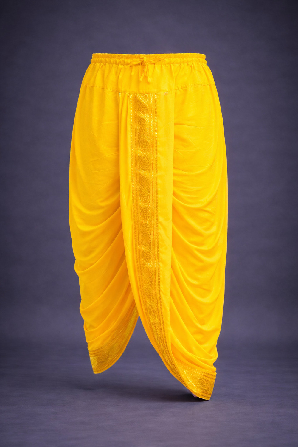 Image of AKESHAVAM Men's Art Silk Readymade Dhoti with Wide Golden Zari Border Lungi Ethnic Wear Self Design Men Dhoti