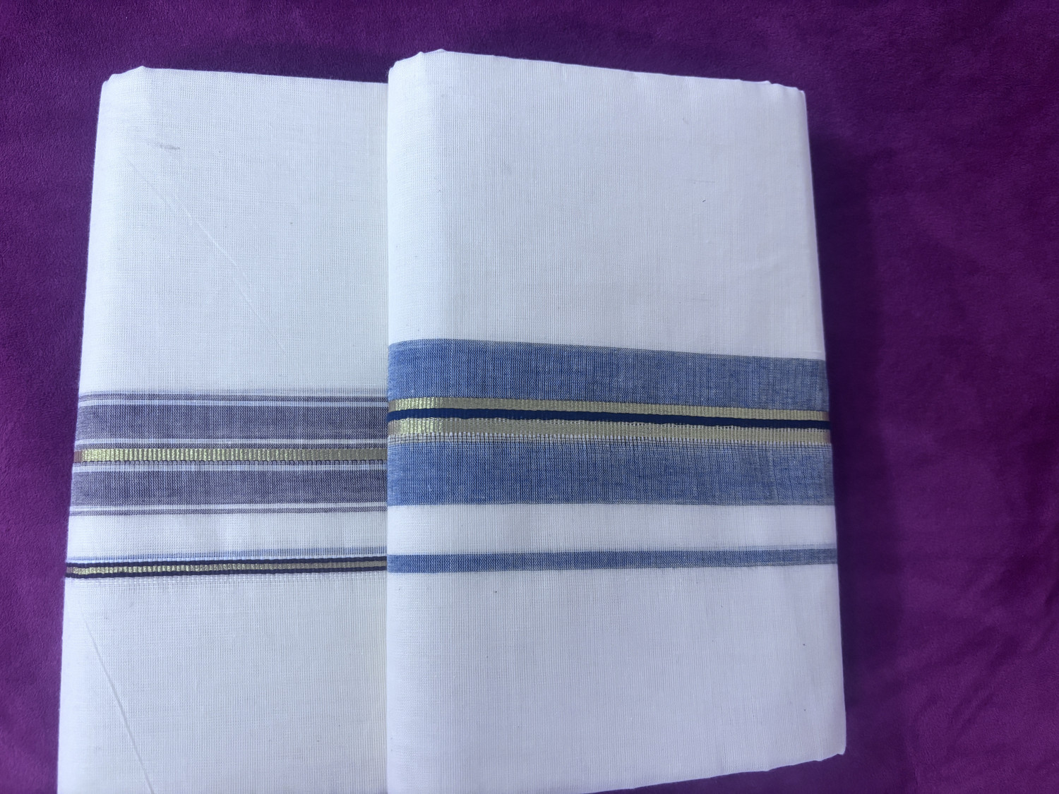 Image of Empire Cotton 2 Piece Combo Half White Brown and Dark Blue Striped Men Dhoti