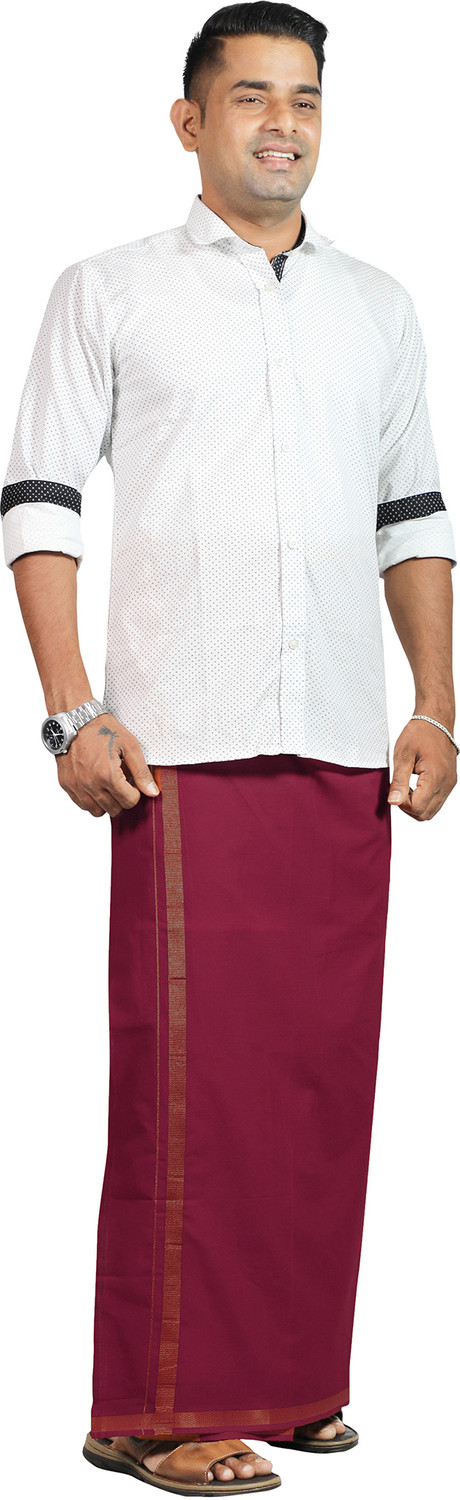 Image of Prakasam Cotton Premium Quality Flexi Size Welcro Pocket- Gold Jari Border Maroon Solid Men Dhoti