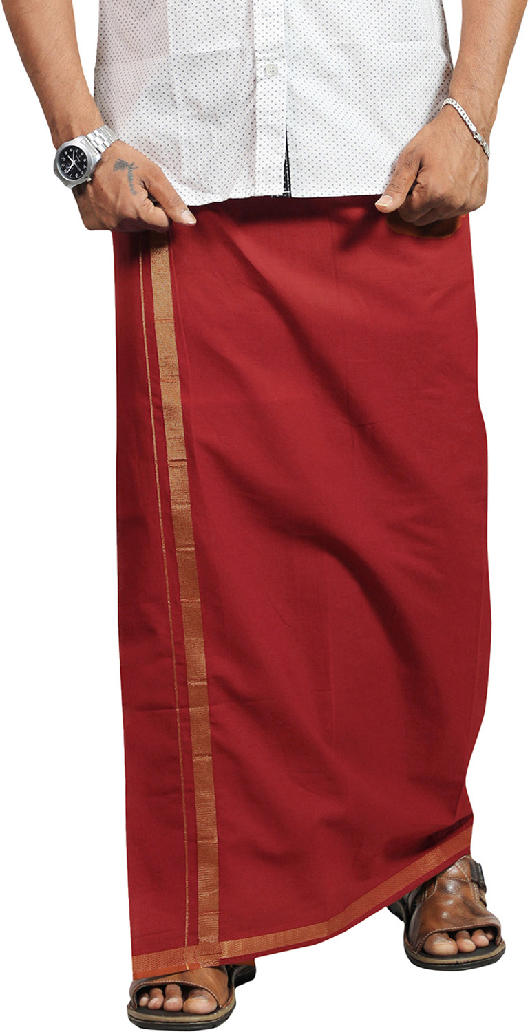 Image of Prakasam Cotton Premium Quality Flexi Size Welcro Pocket- Gold Jari Border Maroon Solid Men Dhoti