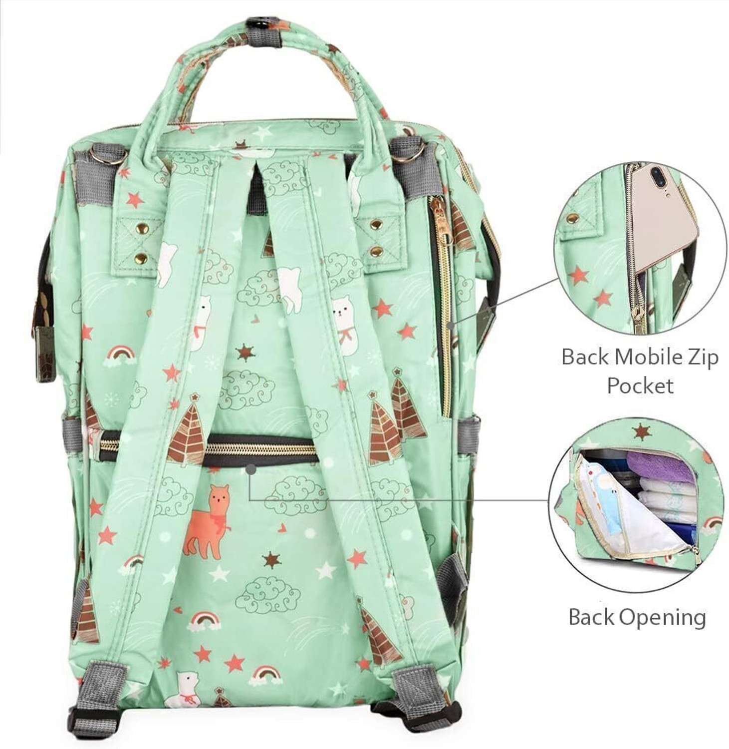 Image of Little Feet Diaper Bag Backpack Unicorn Print Baby Travel and Storage Bag - light green Baby Diaper Bag