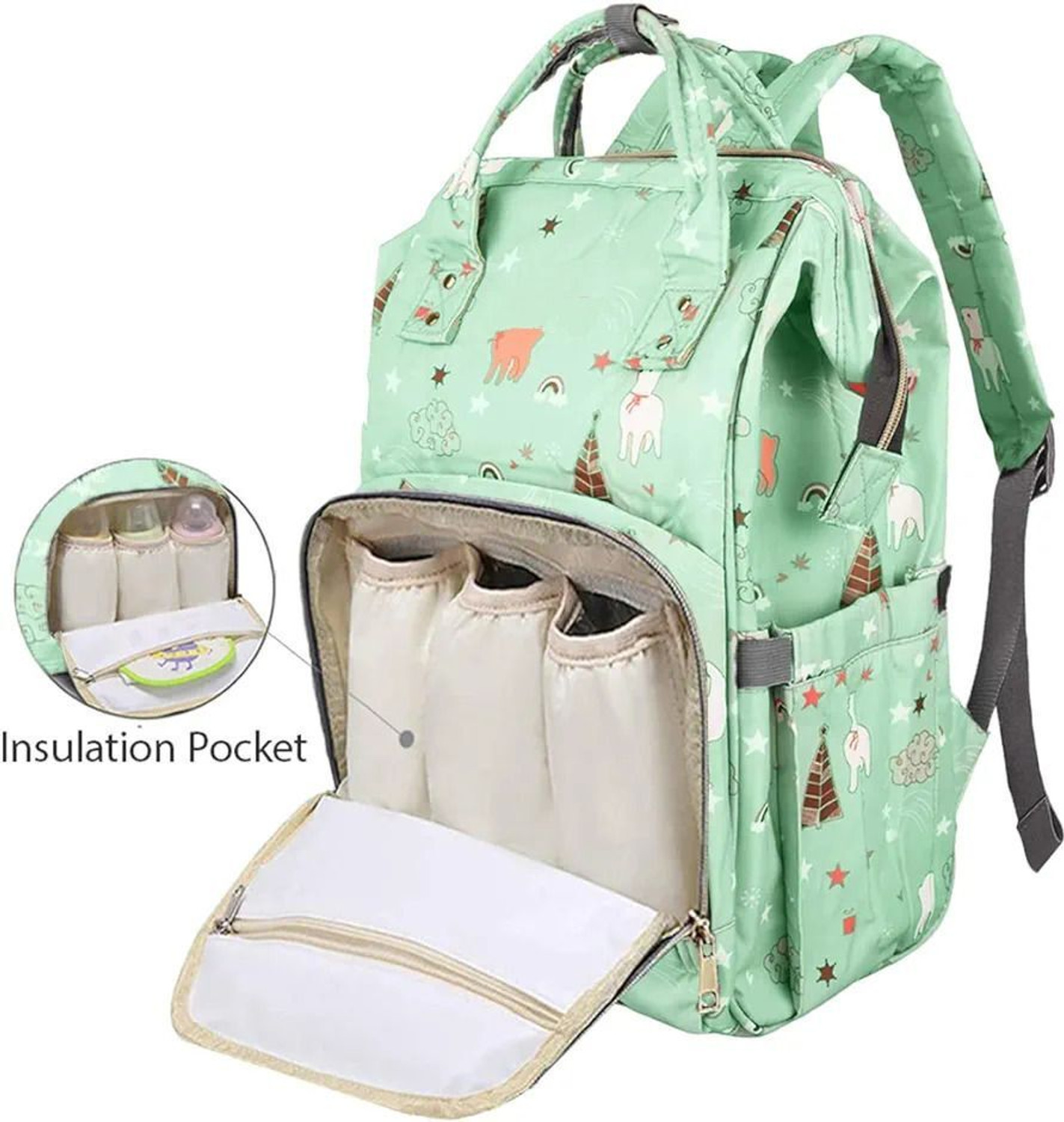 Image of Little Feet Diaper Bag Backpack Unicorn Print Baby Travel and Storage Bag - light green Baby Diaper Bag