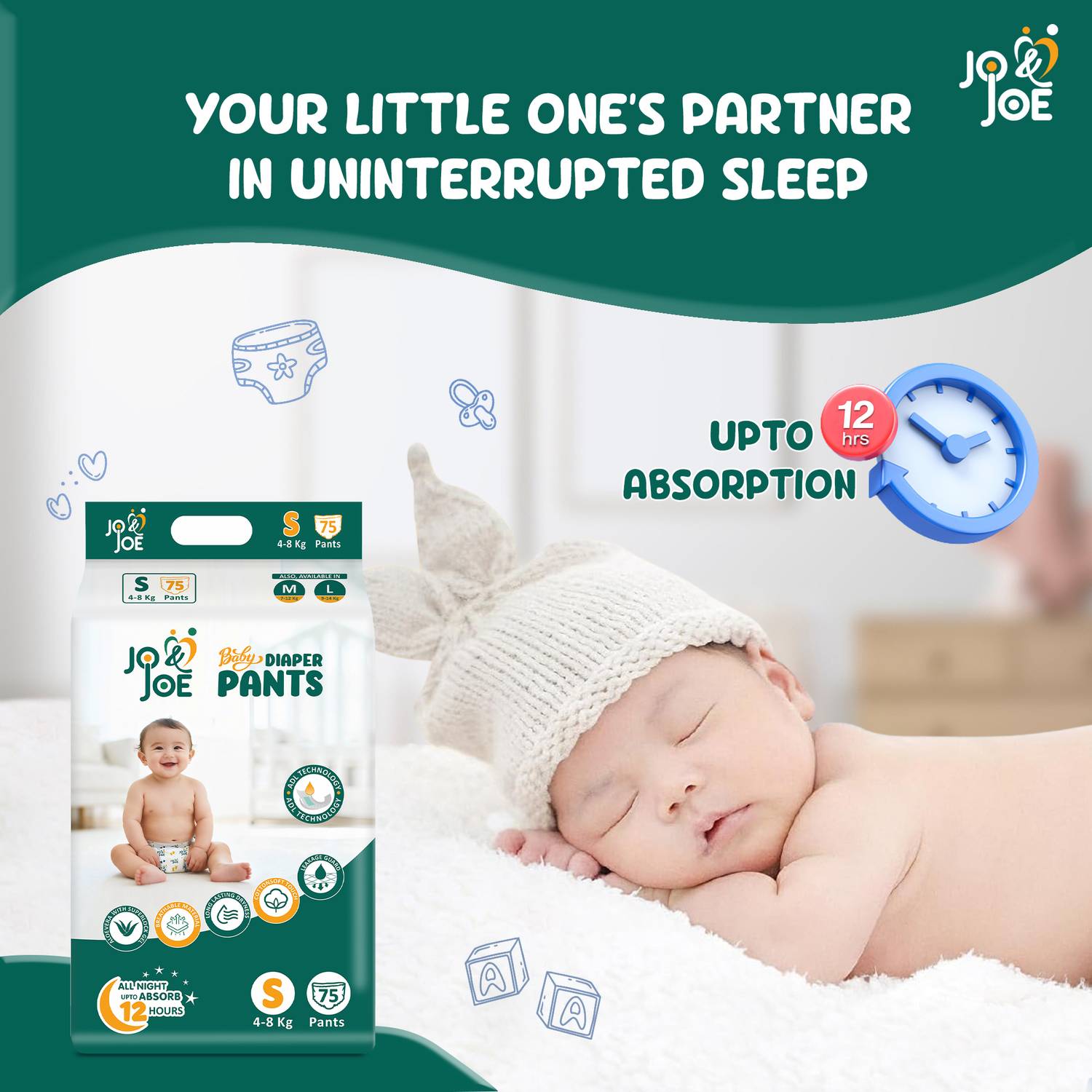 Jo & Joe Baby Diaper Pants, 12hrs Absorption, Small, Pack of 2 8 kg - Image 2
