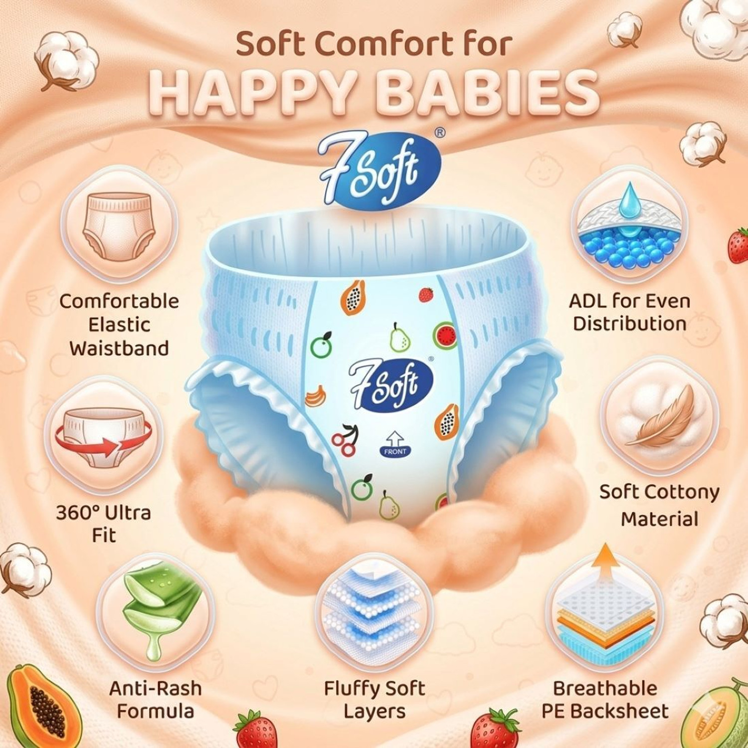 Image of 7 Soft Baby Diapers Pull-Up Pants Ultra-Soft, Breathable & Rash-Free Pant Diapers - S