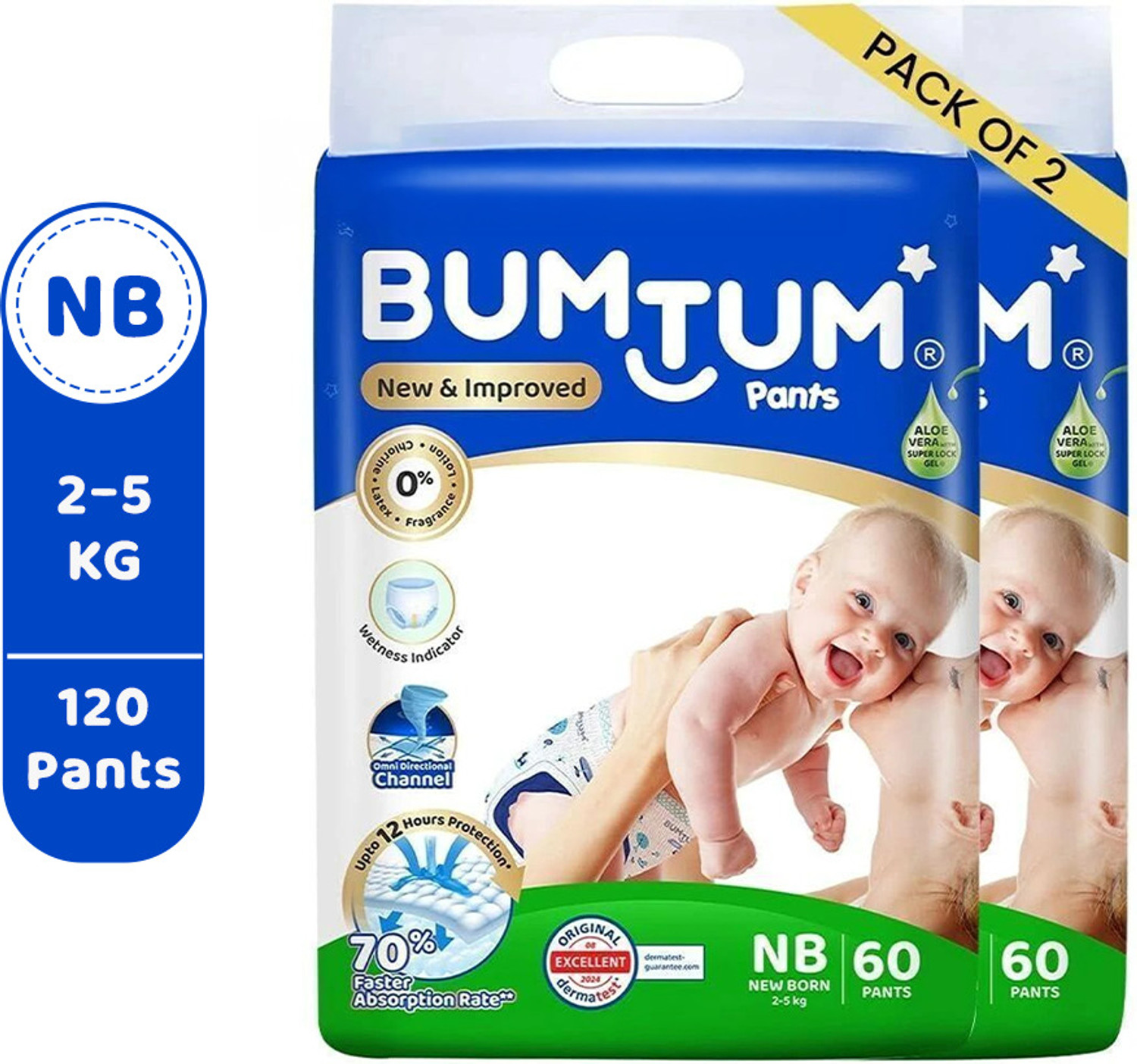Image of BUMTUM Baby Diaper Pants, Double Layer Leakage Protection Infused with Aloe Vera Pant Diapers - New Born